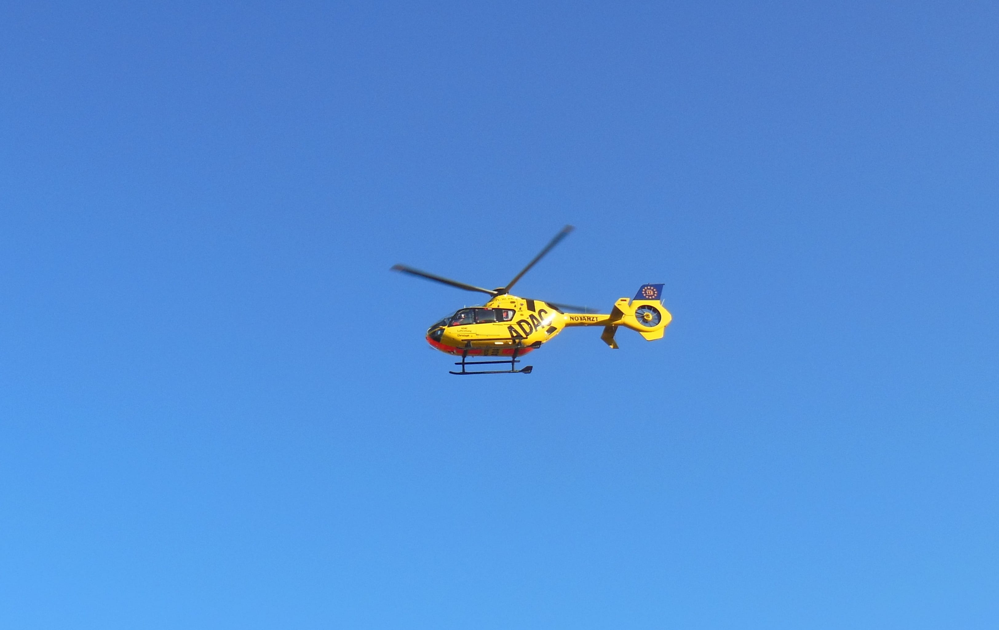 2K, sky, propeller, no people, blue, motion, transportation, yellow, air vehicle, accident rescue, travel, copy space, Helicopter, Christophorus, on the move, HD Wallpaper