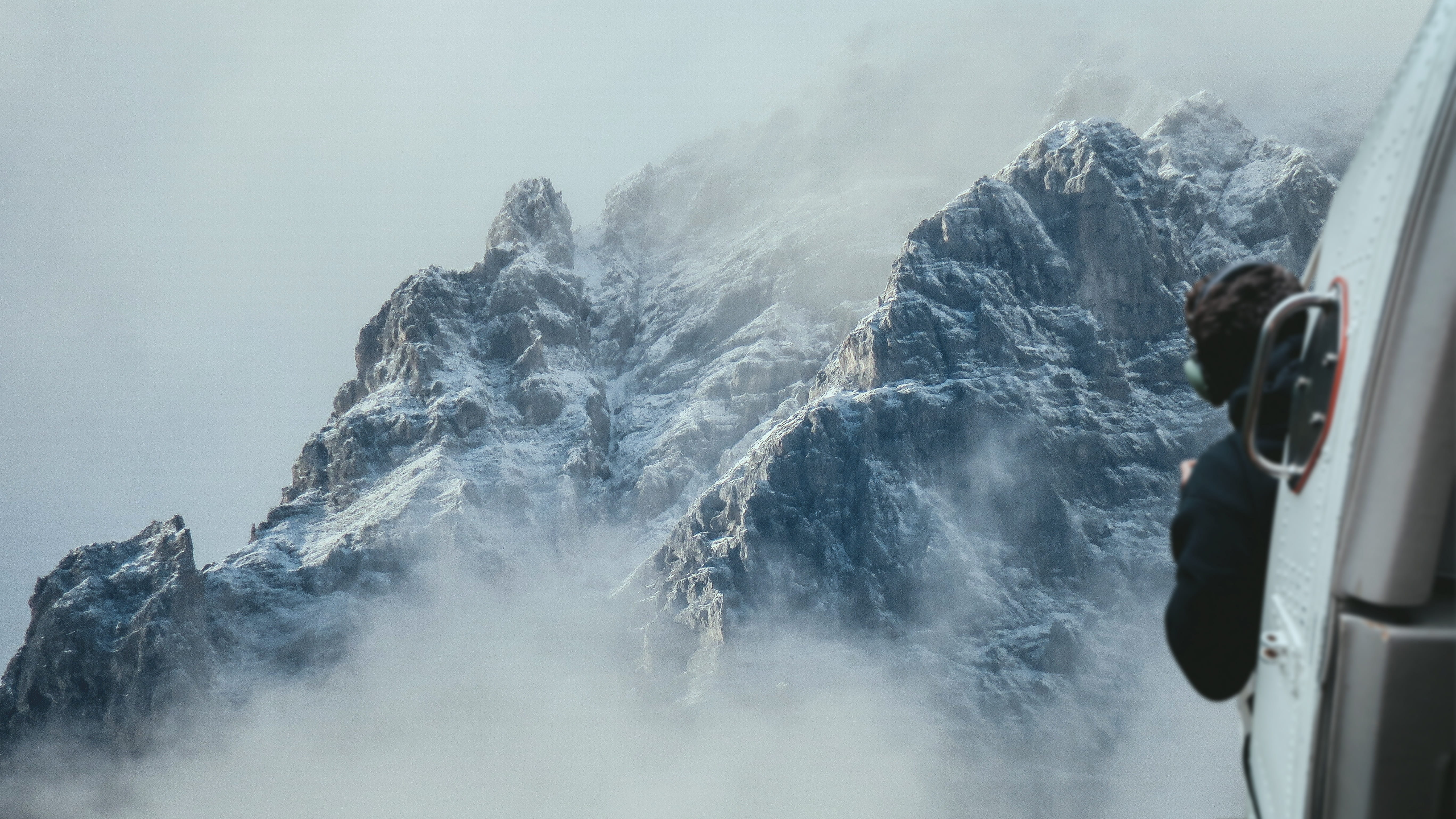 snow, winter, cliffs, fly, outdoors, one person, ride, mode of transportation, rock, use, mountain peak, beauty in nature, solid, mountain, aircraft, sky, HD Wallpaper