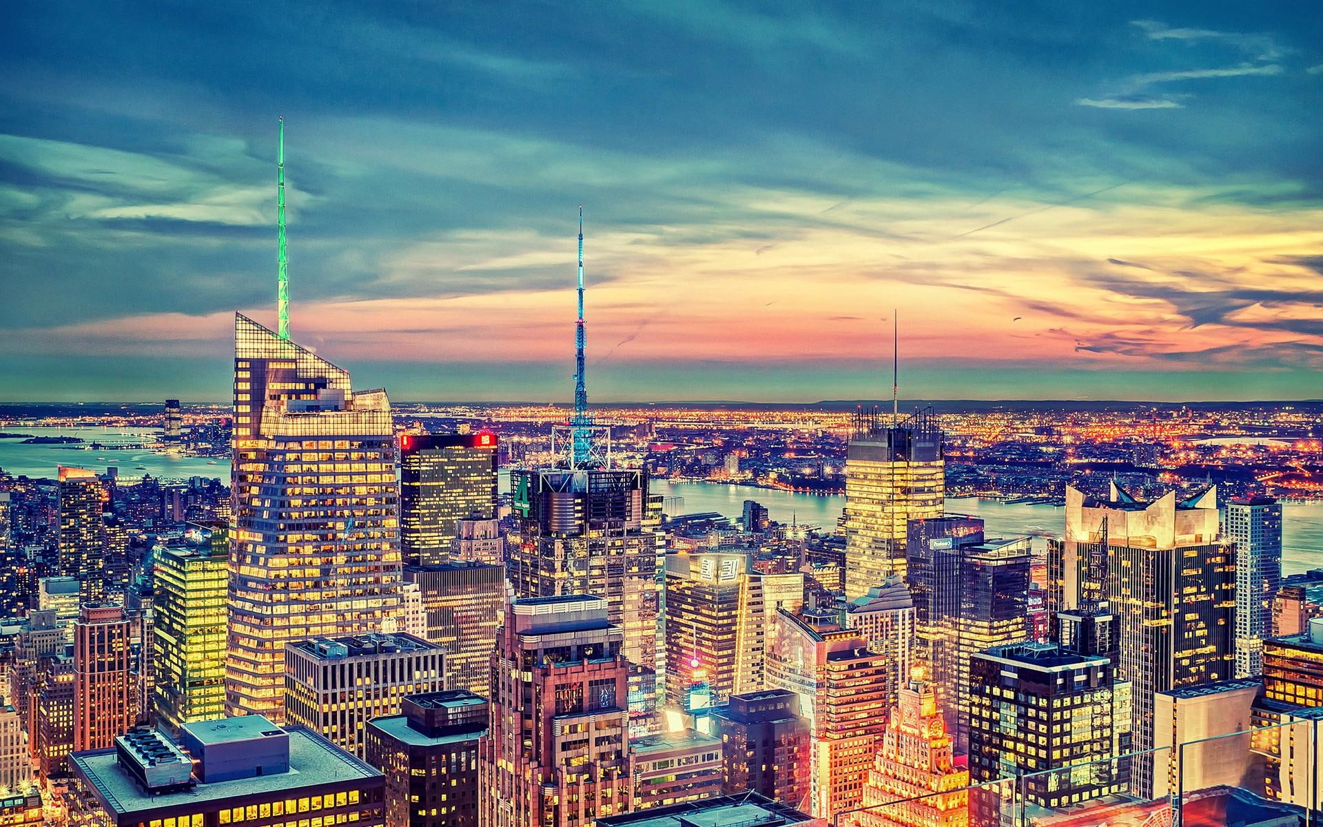 rise, city, 1080P, hi, photo, skyscrapers, hdr, nature and landscapes, antennas, dusk, rooftop, buildings, nyc, view, roofs, antenas, HD Wallpaper