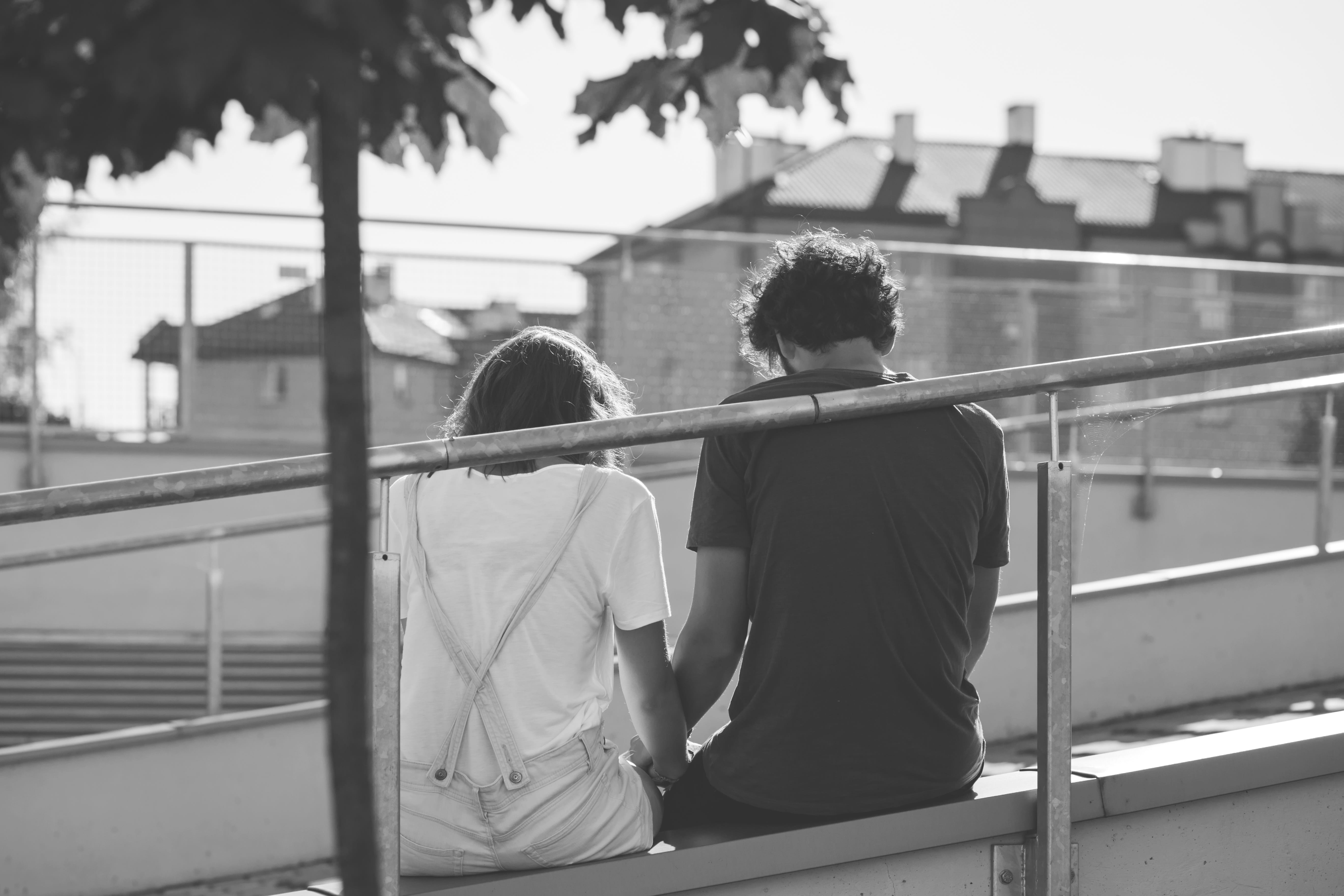 photo, bonding, togetherness, couple - relationship, in-love, date, outdoors, girl, black and white, sitting, real people, railing, adult, grayscale, love, HD Wallpaper