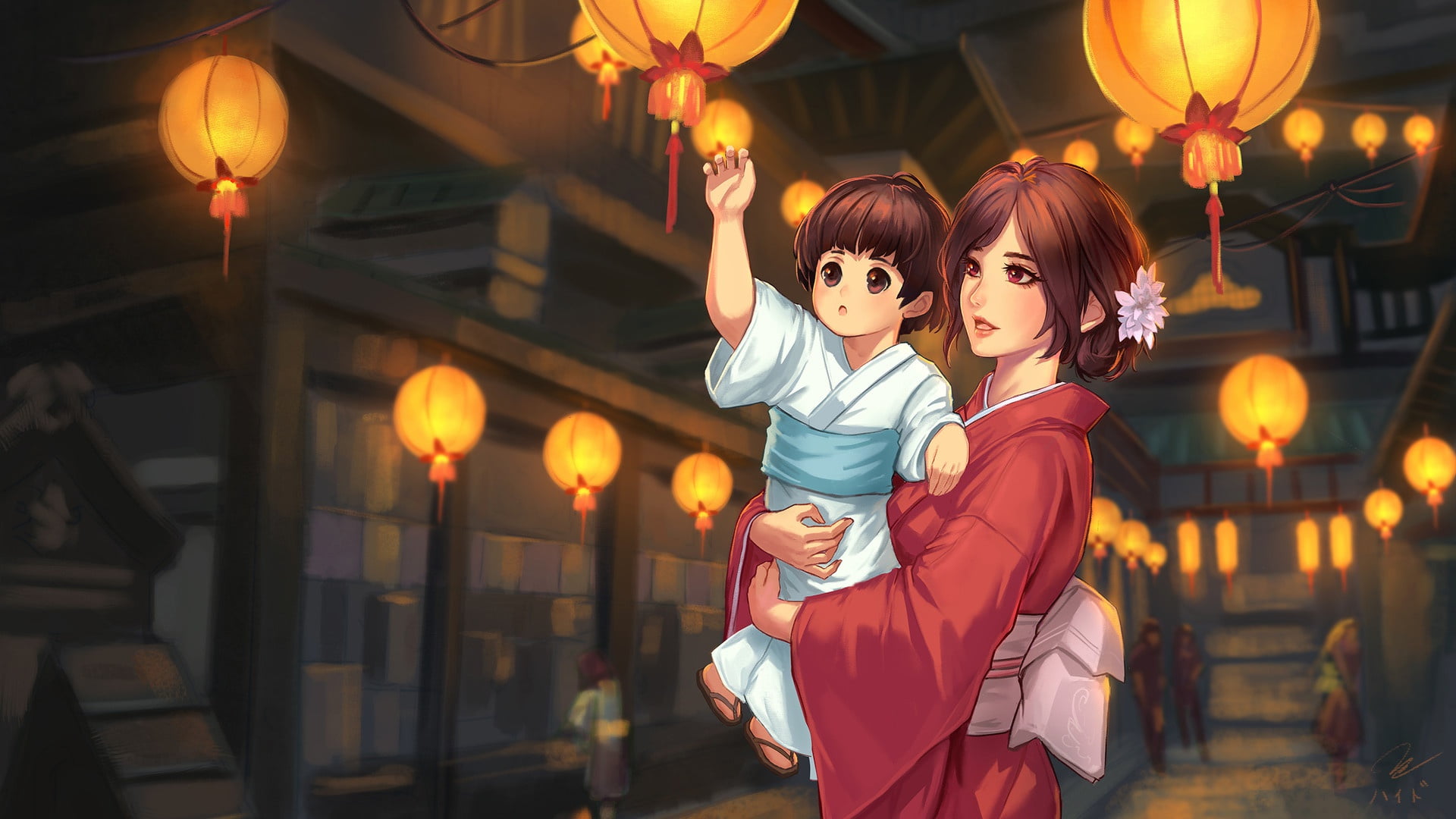 daughter, Vu Nguyen, tetin, holiday, lanterns, 1080P, mom, anime, A Night in Kugane, obon, HD Wallpaper