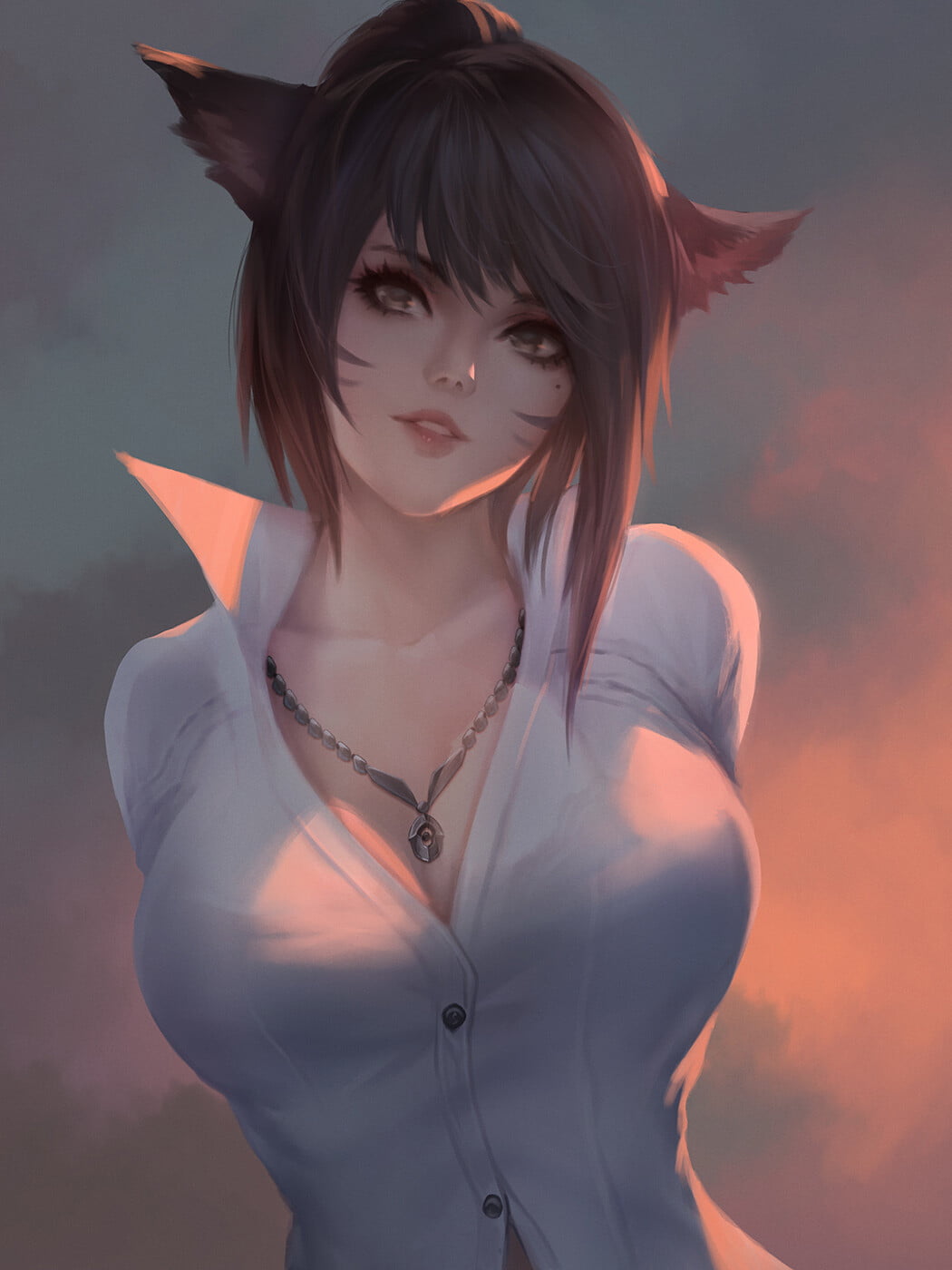 fantasy girl, 720P, anime girls, Vu Nguyen, concept art, Miqote ( final fantasy ), anime, artwork, Final Fantasy XIV, Final Fantasy VII, Phone HD Wallpaper