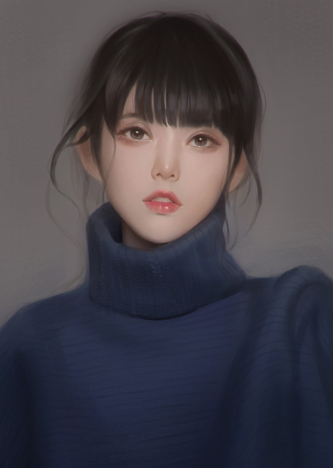 women, short hair, 720P, bangs, turtlenecks, Vu Nguyen, portrait, brown eyes, Phone HD Wallpaper