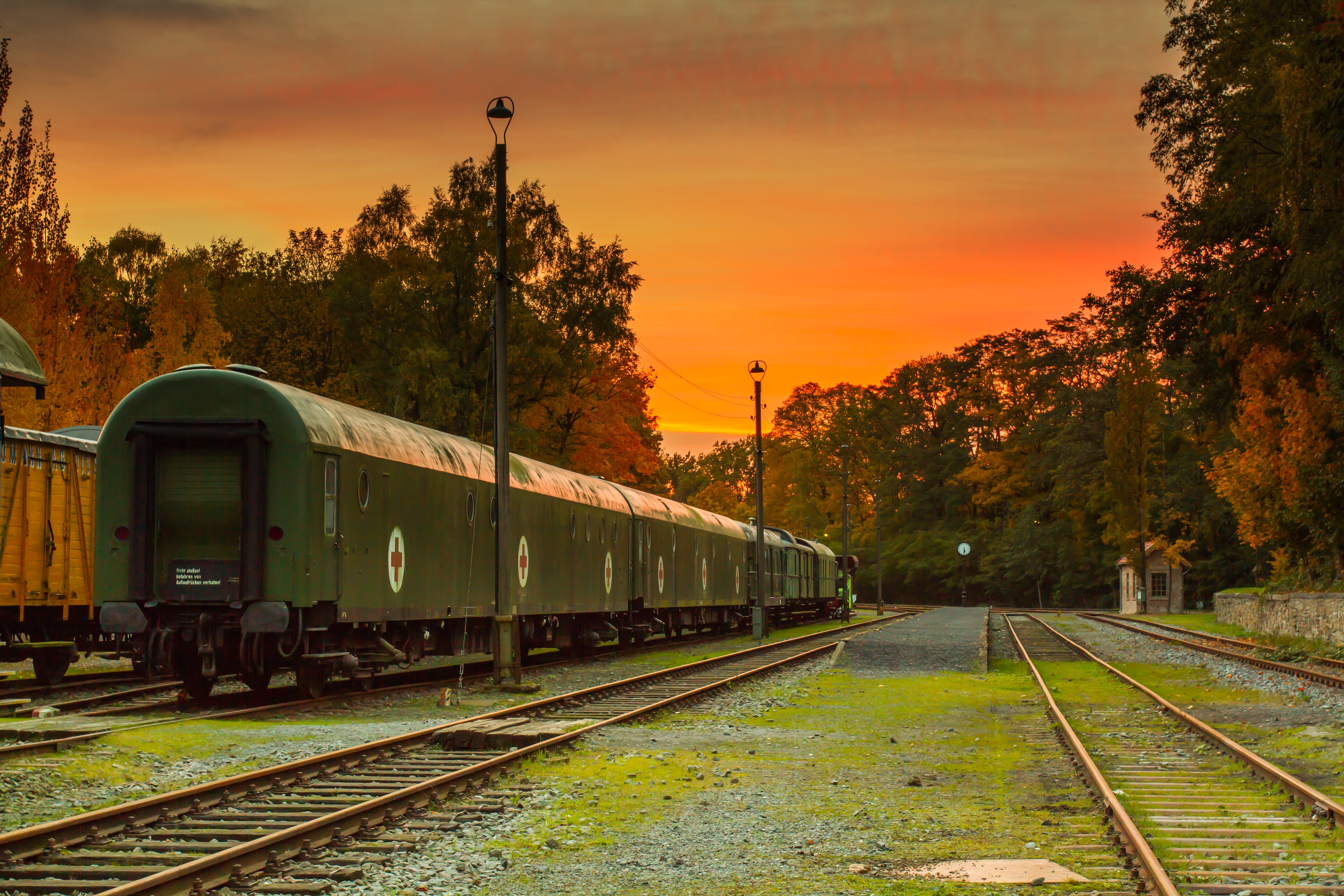 landscape, orange color, transport system, sunset, vintage, empty, goods wagons, abandoned, direction, tree, lonely, railroad track, cloud - sky, road, HD Wallpaper