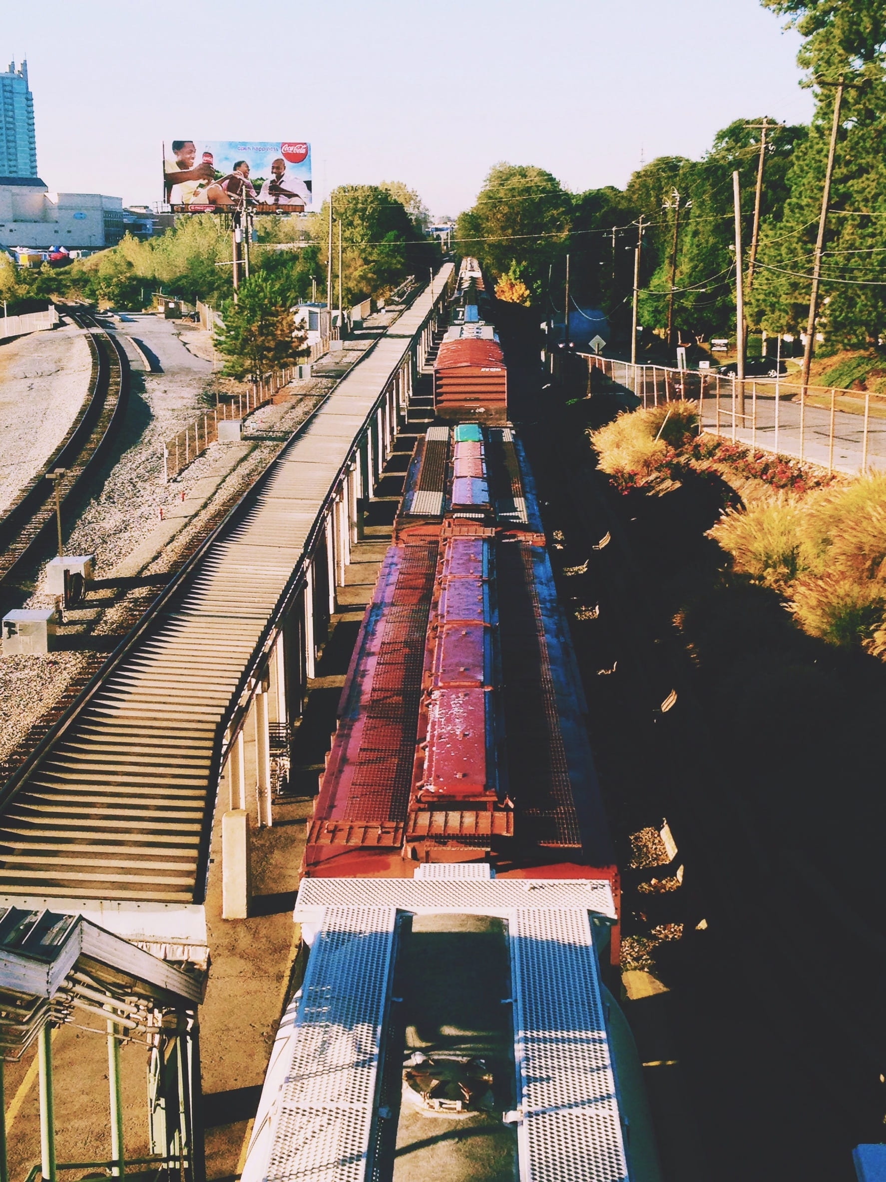 sky, plant, nature, railway, train, track, sunlight, wagons, freight, carriage, high angle view, mode of transportation, outdoors, cargo, architecture, Phone HD Wallpaper