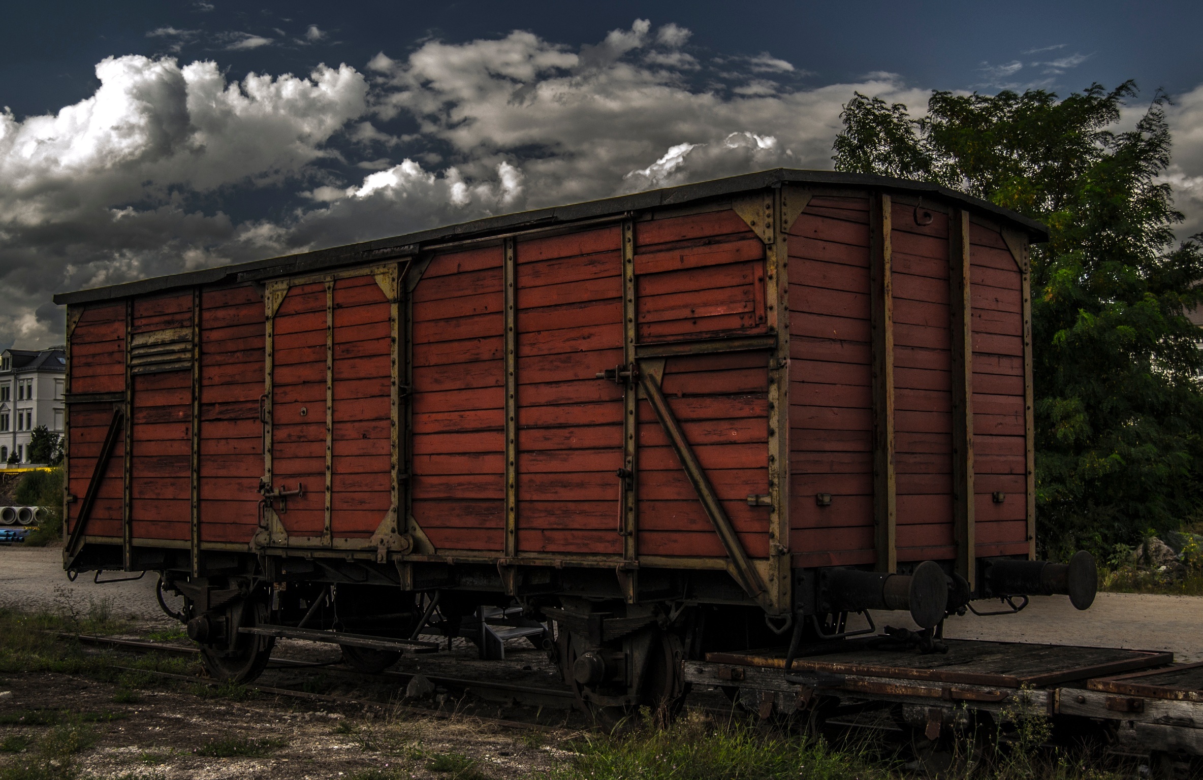 train - vehicle, sky, mode of transportation, cloud - sky, transport, track, railway, tree, railway carriages, 1080P, day, outdoors, rail transportation, HD Wallpaper