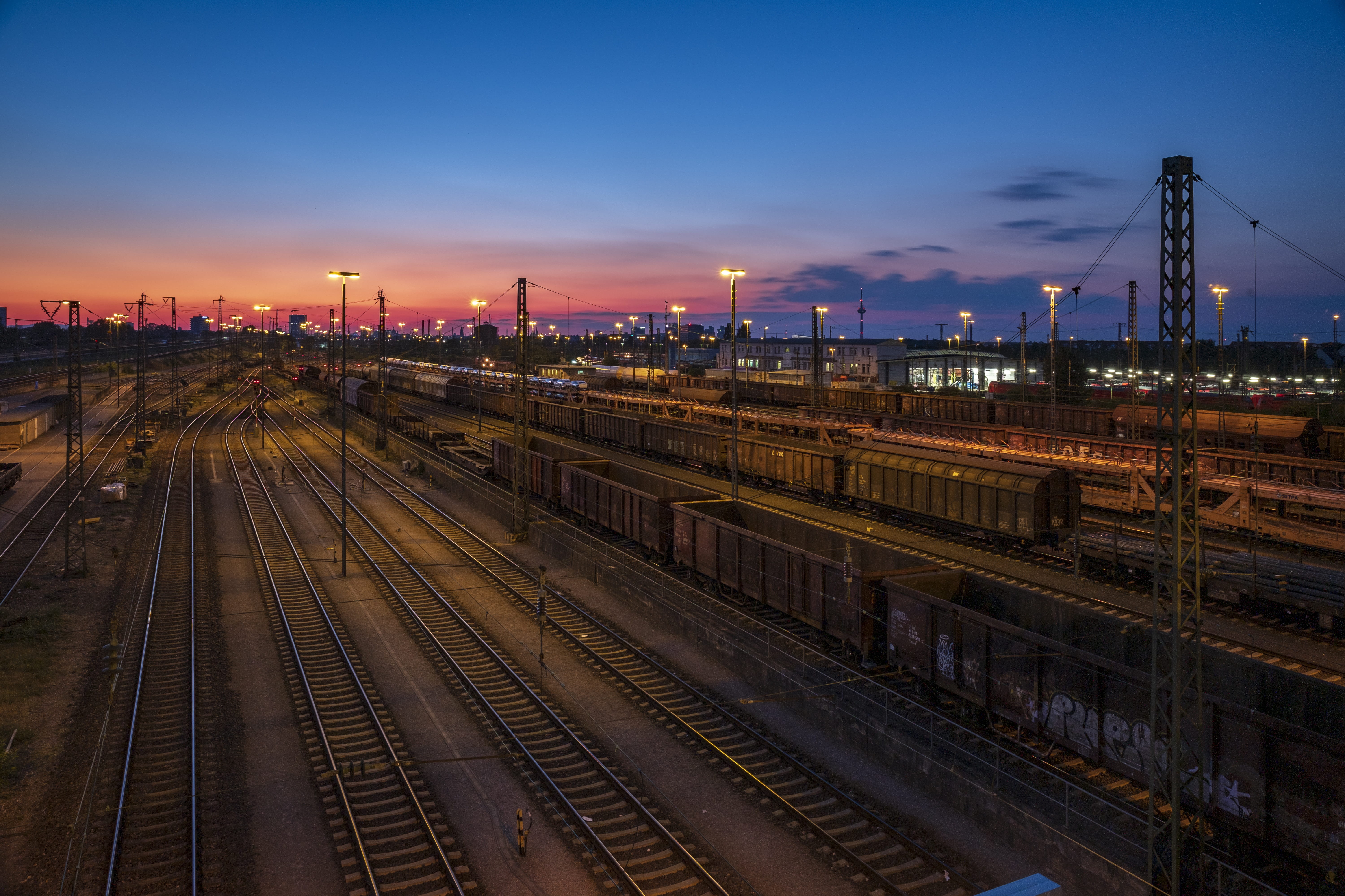 city, wagon, railway tracks, train - vehicle, station, freight transport, electricity, marshalling yard, gleise, public transportation, true, sunset, cloud - sky, HD Wallpaper