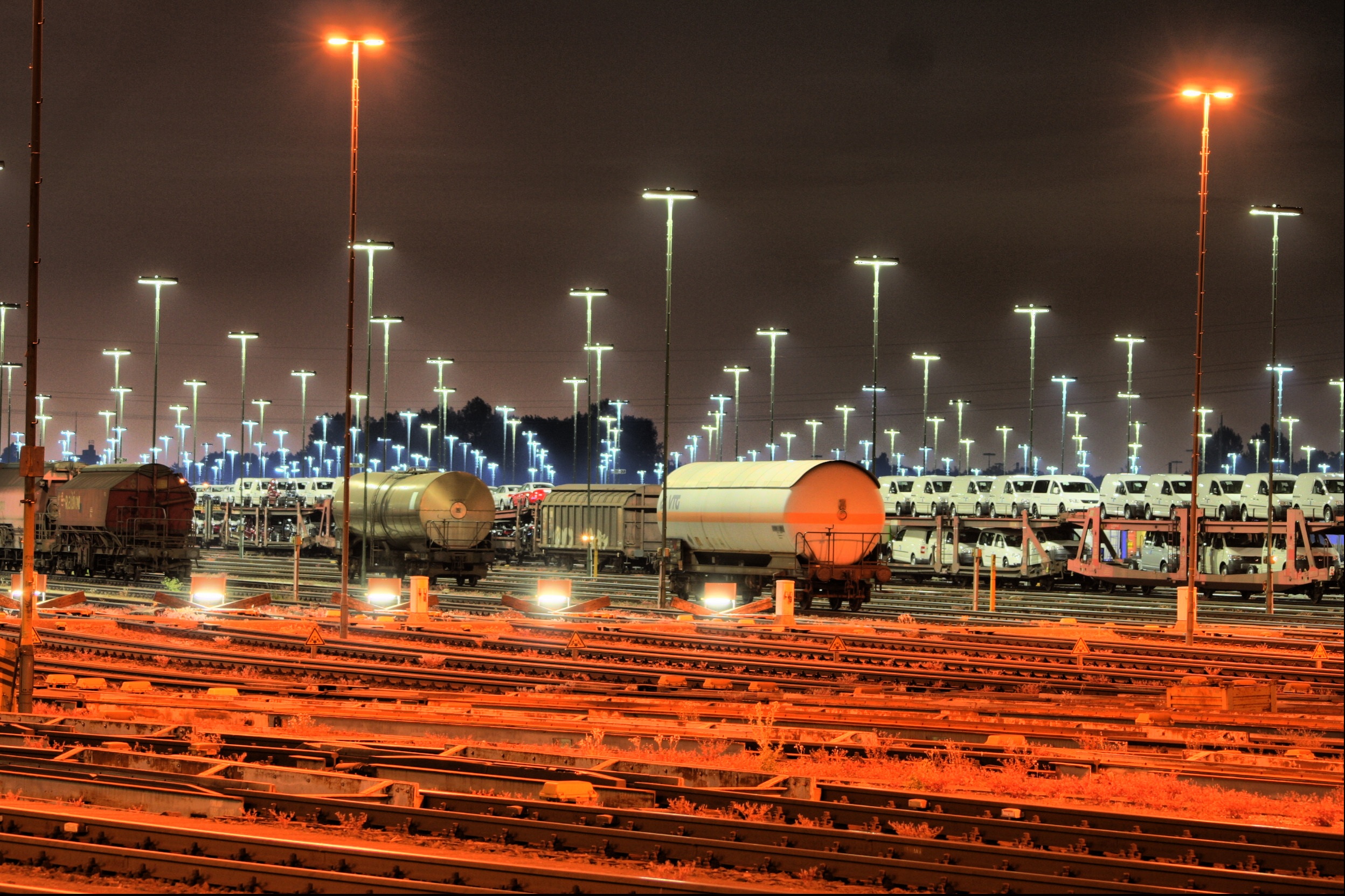 technology, 1080P, night image, outdoors, mesh, train, skyscraper, wagon, nature, street, locomotive, goods station, fuel and power generation, railway station, HD Wallpaper