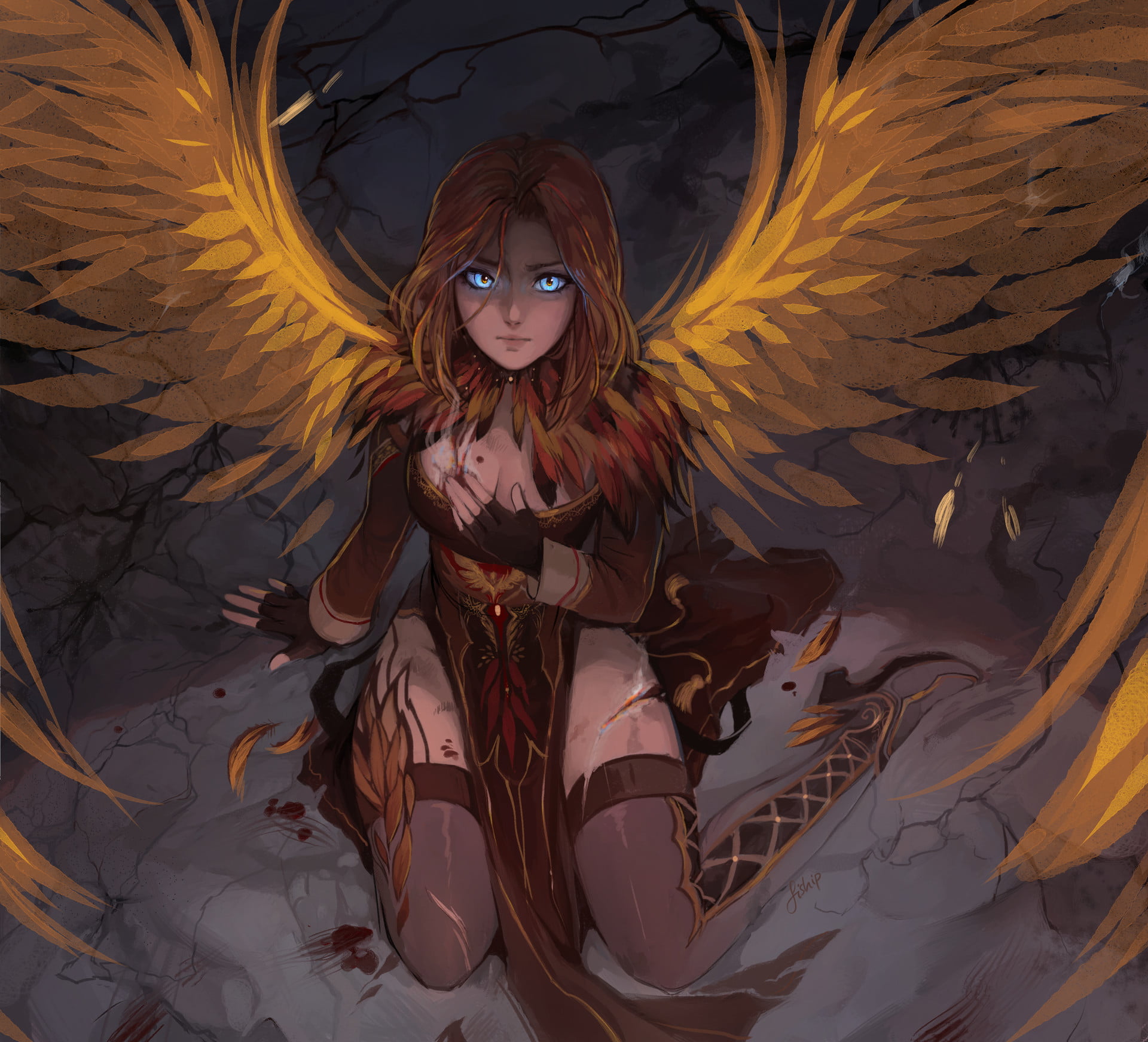 wings, fantasy art, 1080P, angel, artwork, blue eyes, HD Wallpaper