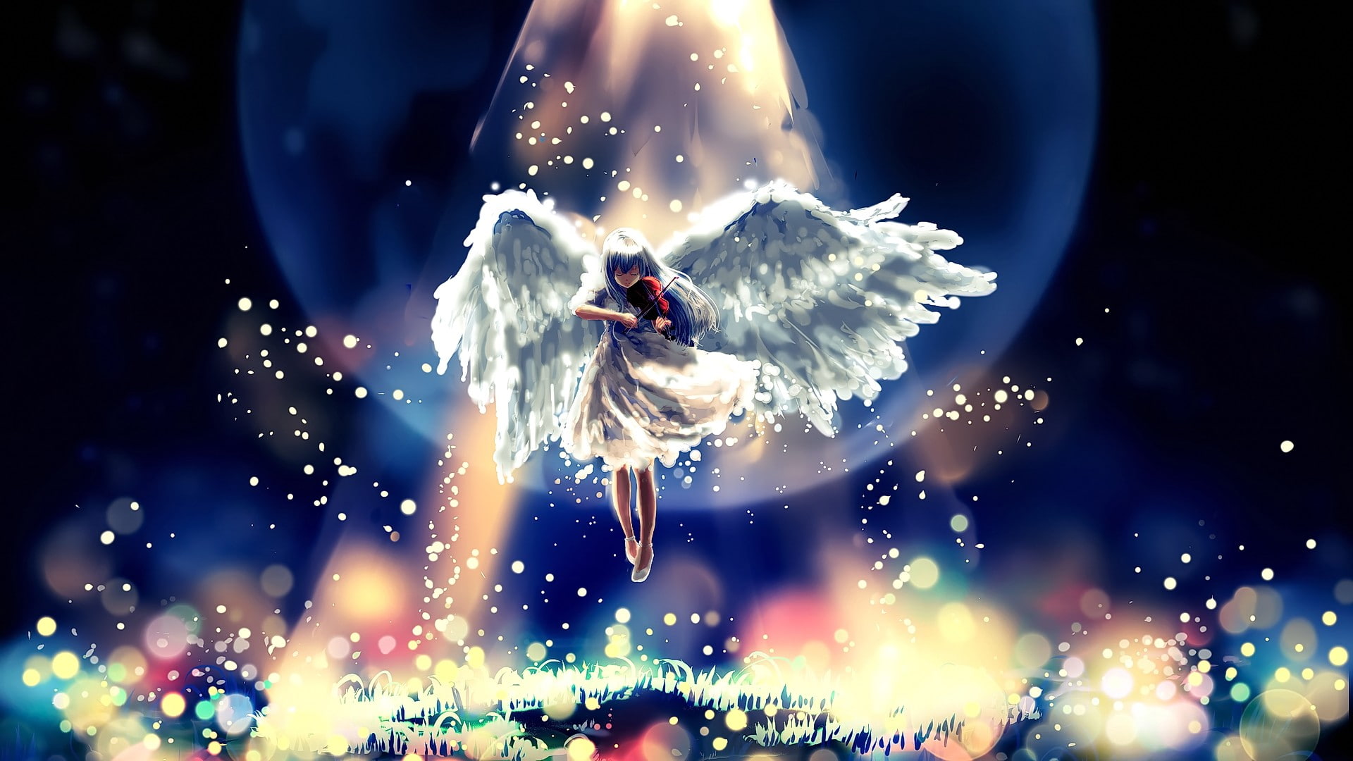 wings, 1080P, close-up, anime girls, flying, long hair, motion, night, arts culture and entertainment, one person, one animal, nature, water, violin, celebration, HD Wallpaper
