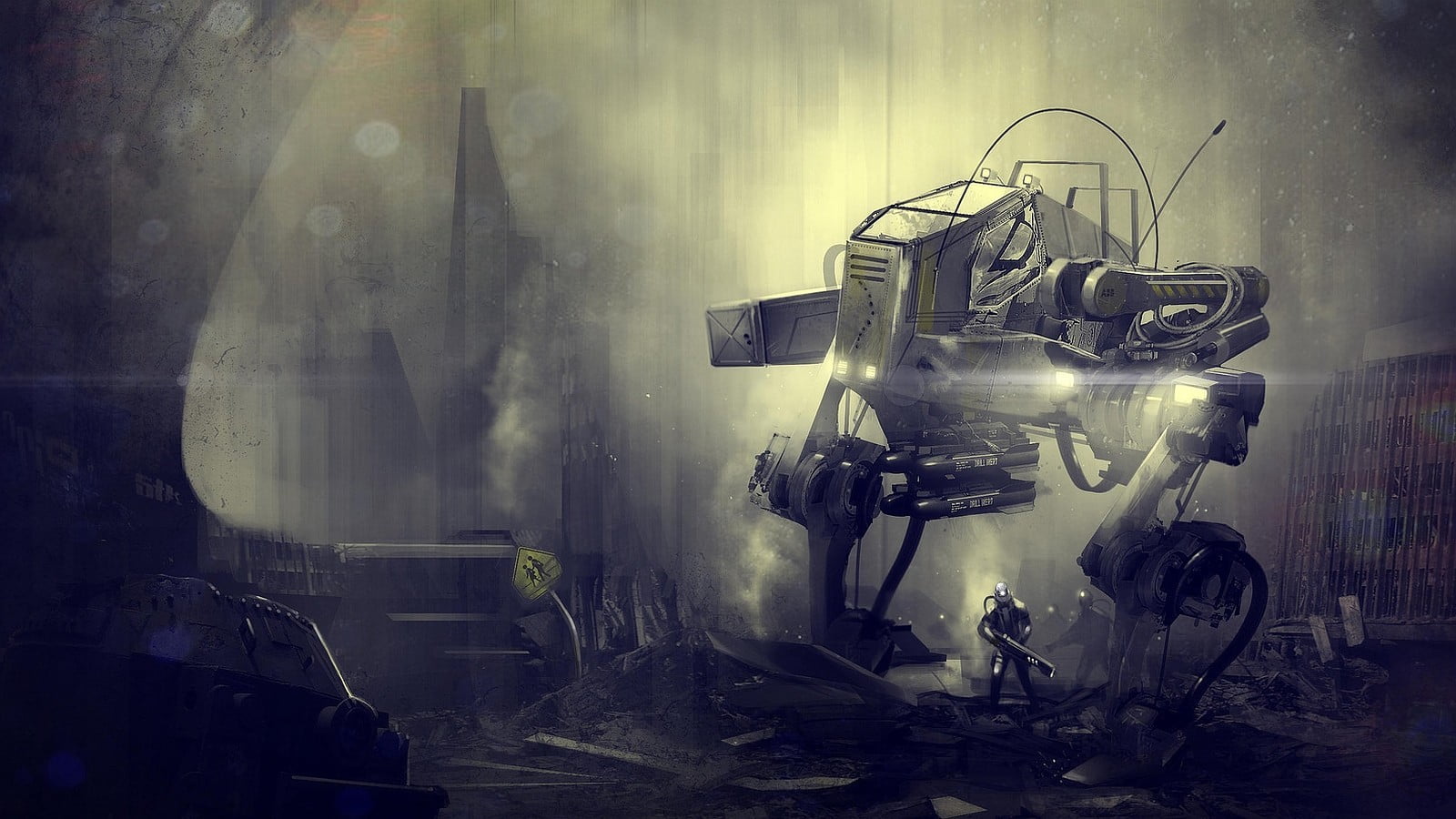 artwork, science fiction, technology, mech, dirt, dust, transportation, damaged, window, indoors, dirty, 720P, illuminated, run-down, retro styled, HD Wallpaper
