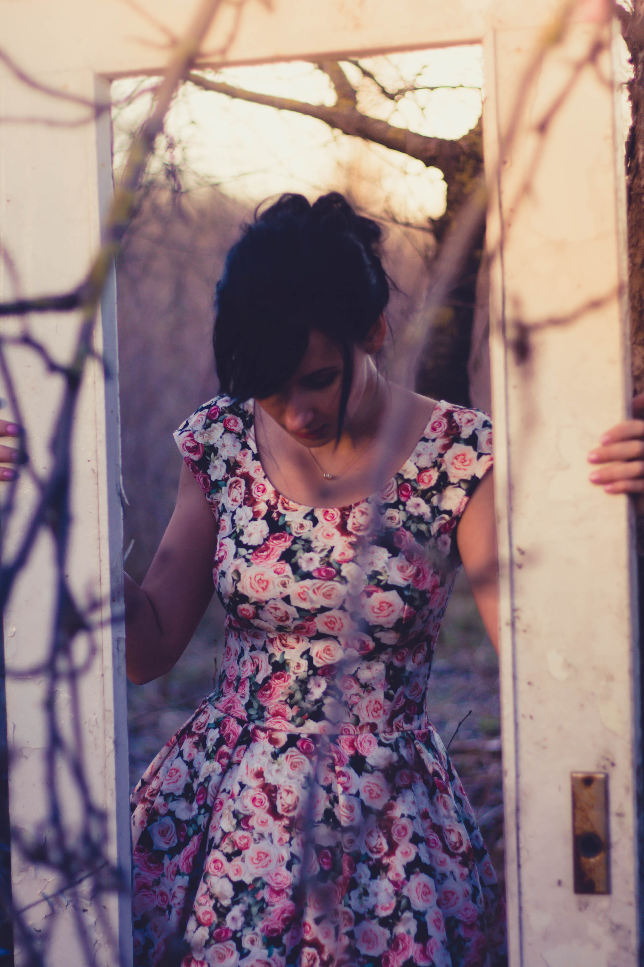 beautiful woman, contemplation, real people, standing, three quarter length, 4K, one person, dress, woman, mirrror, lifestyles, white, floral dress, wooden, Phone HD Wallpaper