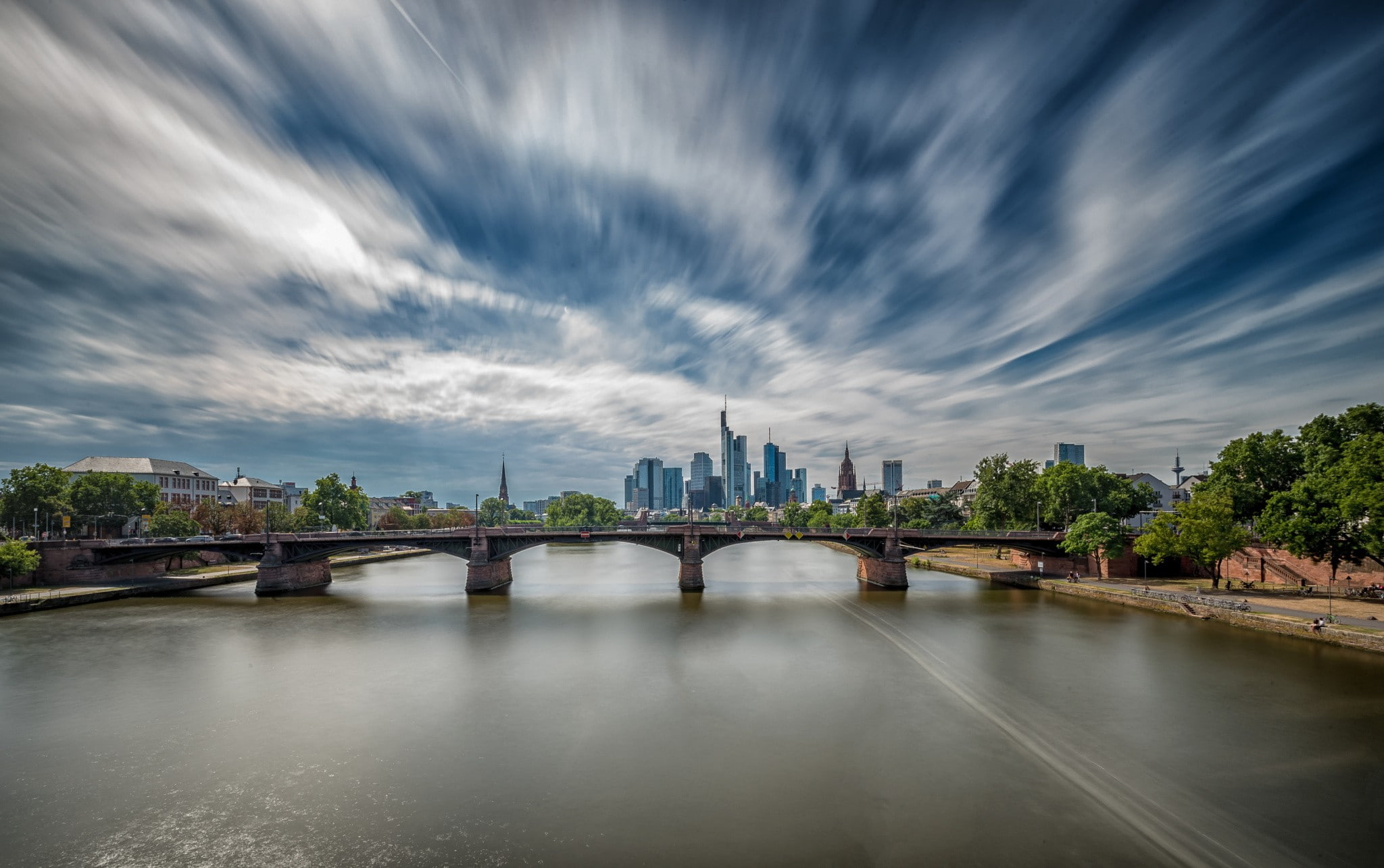 long exposure, skyscraper, connection, cloud - sky, cityscape, Frankfurt, 1080P, architecture, river, photography, built structure, sky, water, outdoors, HD Wallpaper