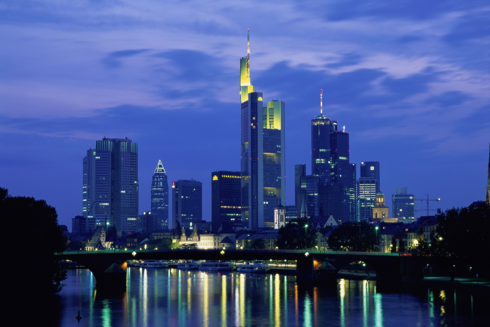 no people, landscape, Frankfurt, built structure, office building exterior, tower, dusk, financial district, 1080P, illuminated, outdoors, building, nature, HD Wallpaper