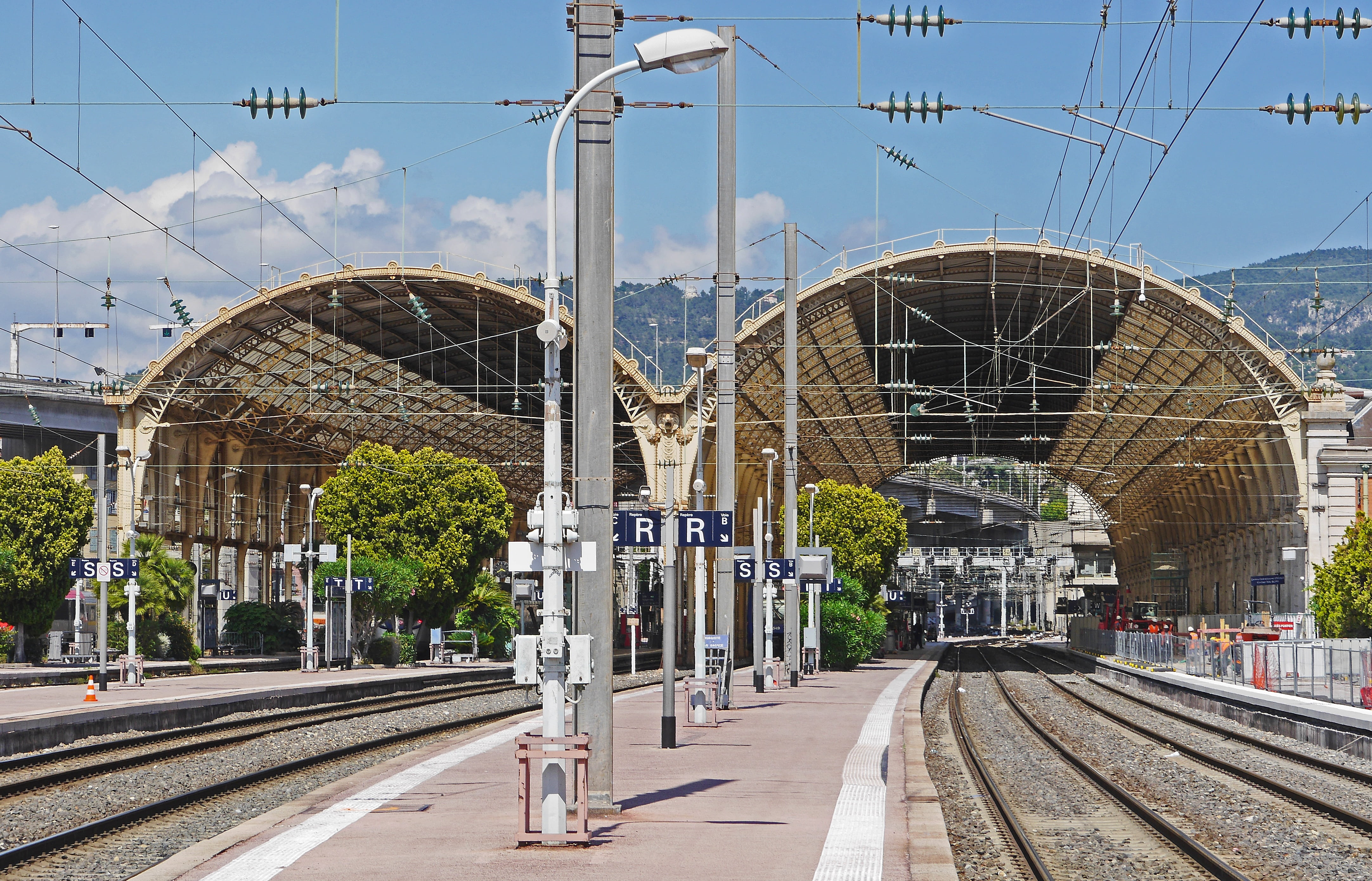 central station, railroad station, white, electricity, travel, hbf, power supply, sncf, empty, côte d  azur, rail traffic, carrier, track, daytime, nice, HD Wallpaper