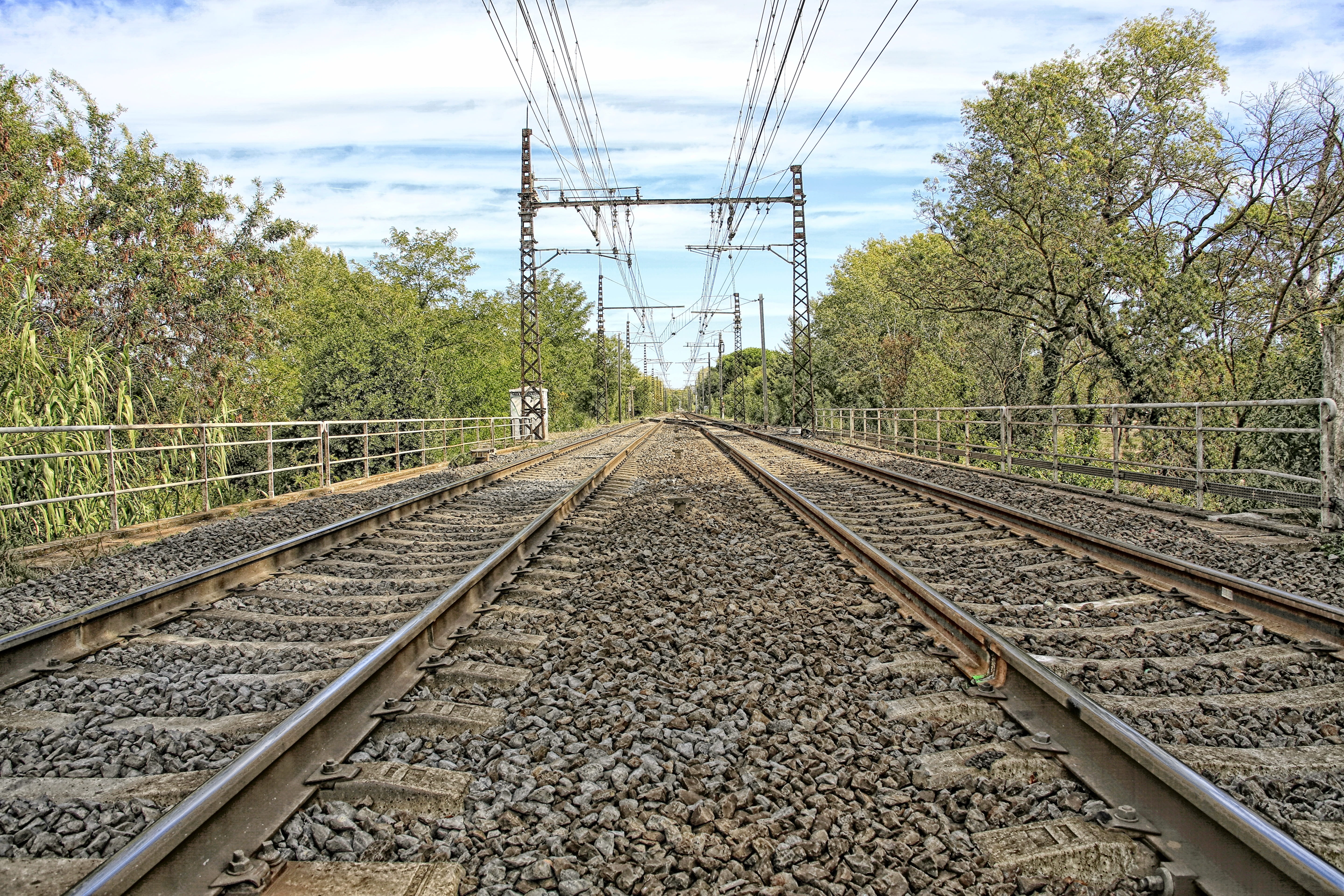Track, outdoors, electricity, travel, diminishing perspective, parallel, Railway, plant, gravel, rail, electricity pylon, rail transportation, connection, HD Wallpaper