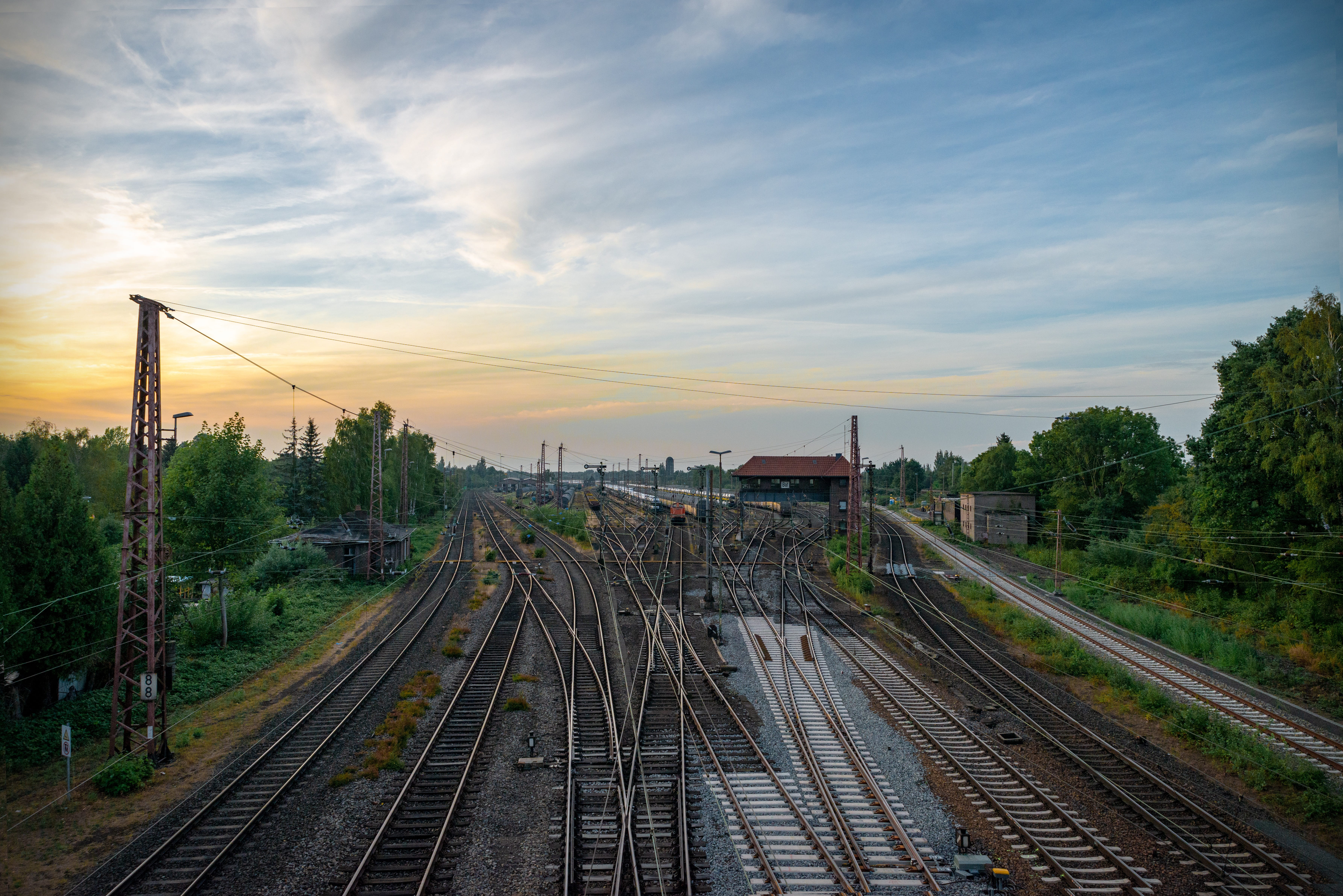 public transportation, train - vehicle, sunset, signal box, 5K, sky, positioners in bremen, outdoors, rails, bremen, tree, mode of transportation, transport, HD Wallpaper