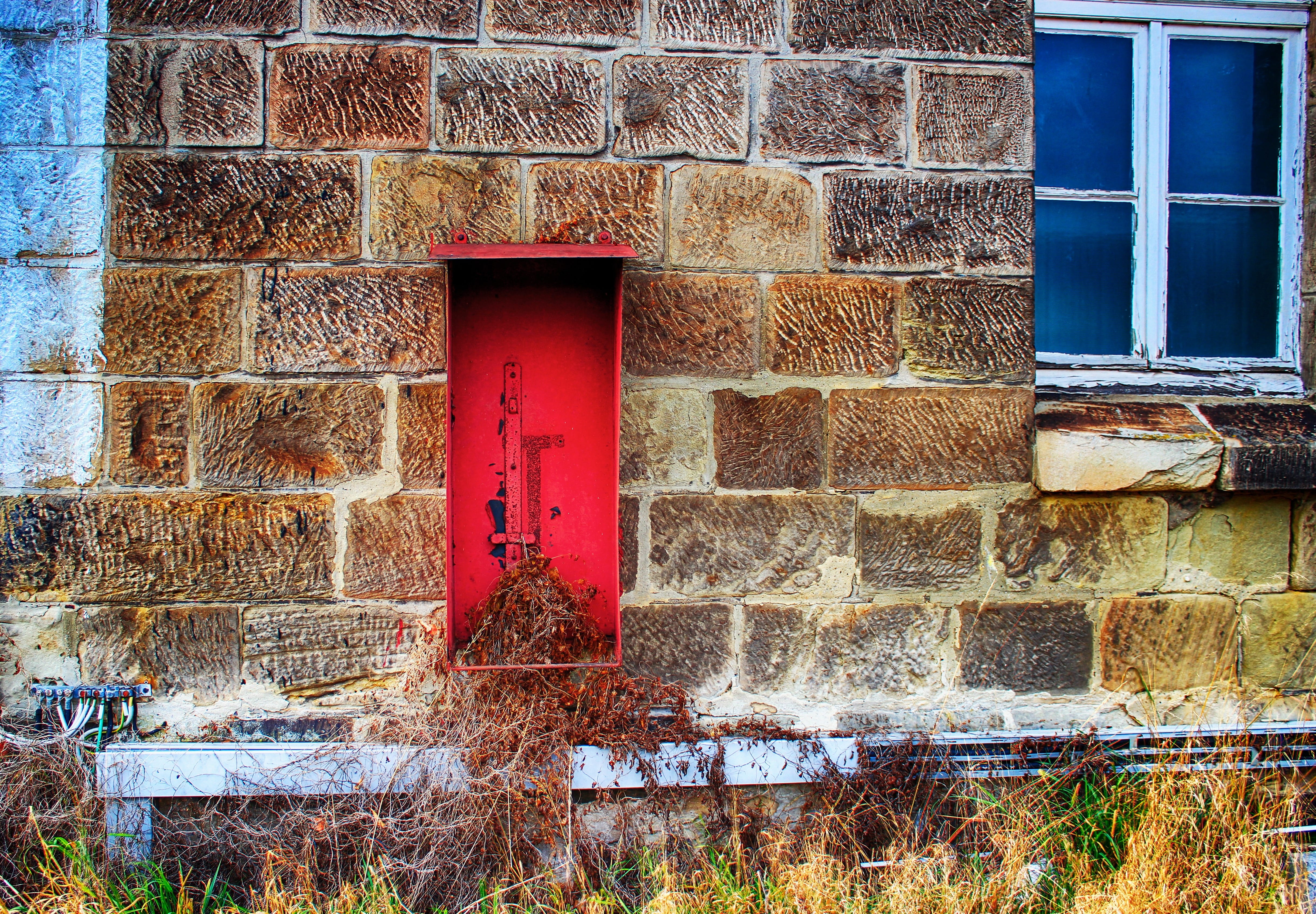 defect, closed, rusted, window frame, plant, nature, residential district, day, building, fire extinguisher, dirty, built structure, old technology, stainless, HD Wallpaper