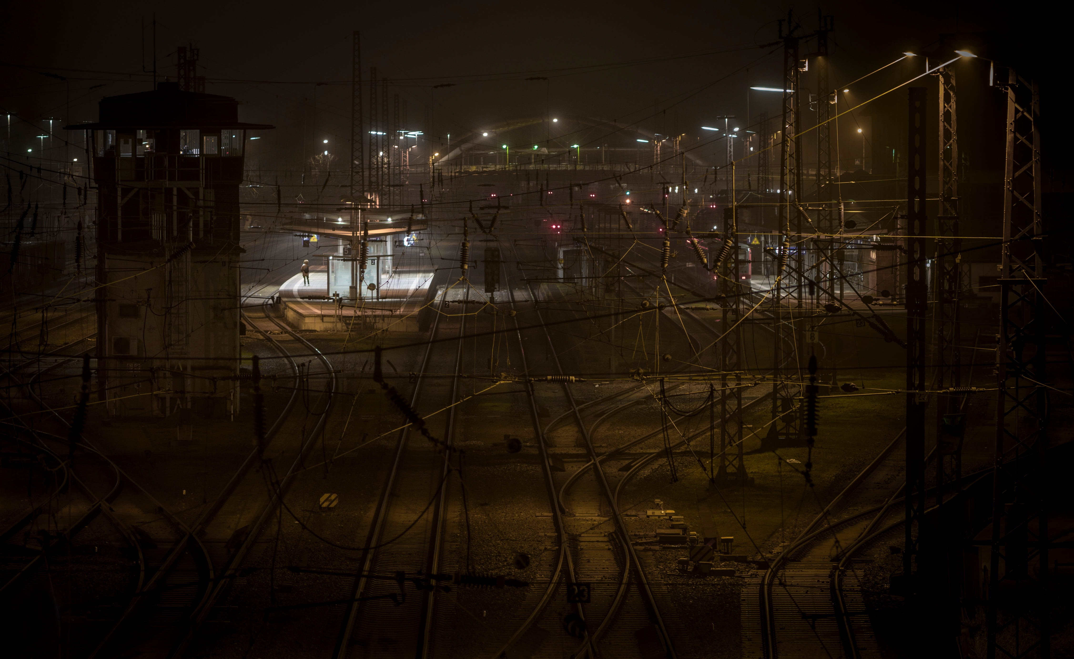 darkness, water, sailboat, mode of transportation, building, rails, signal box, building exterior, railroad track, train, harbor, haze, wait, outdoors, HD Wallpaper