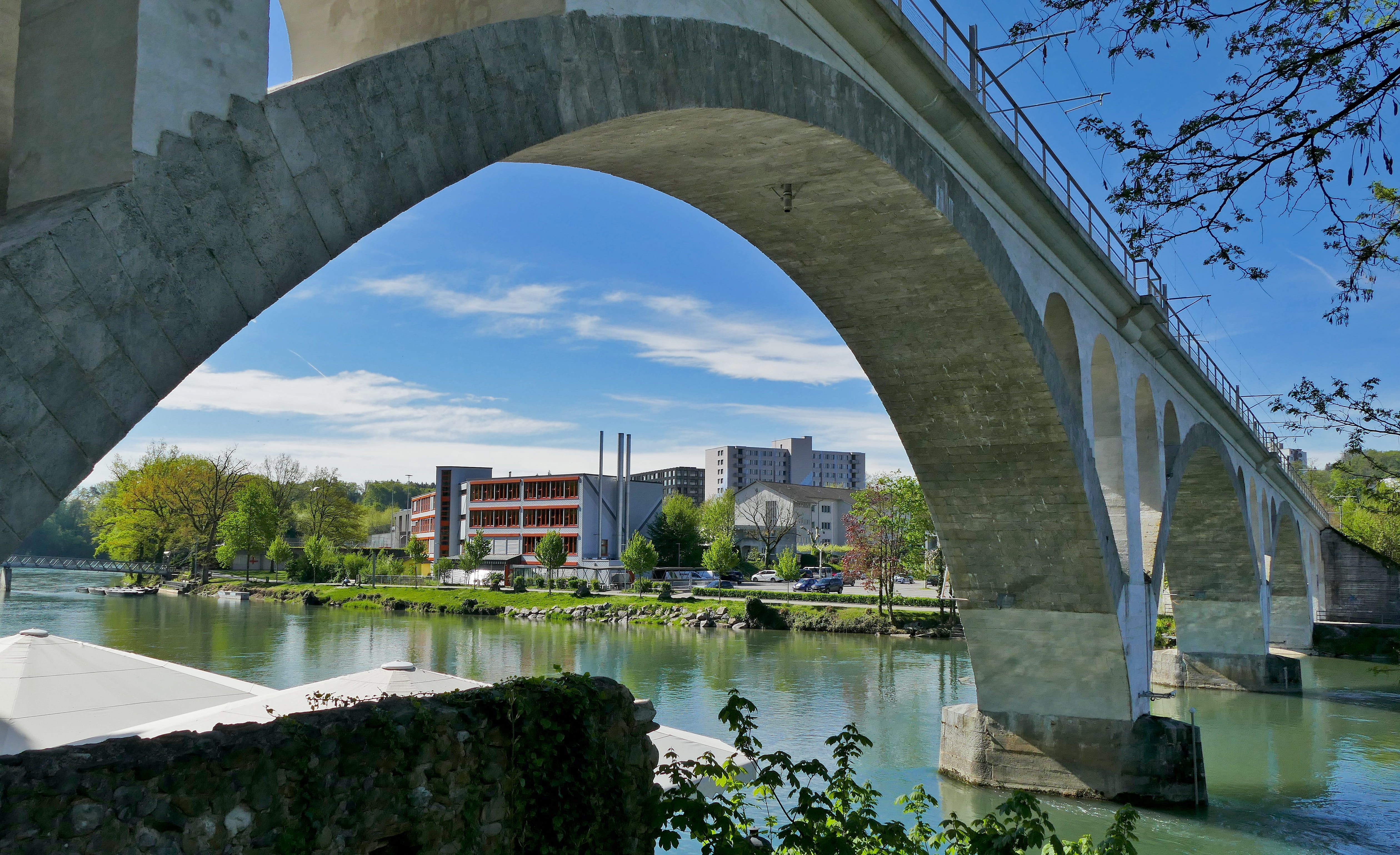 trees, sky, reuss, arch, mirroring, light, building exterior, tree, promenade, arches of the bridge, building, water, connection, reflection, office building exterior, HD Wallpaper