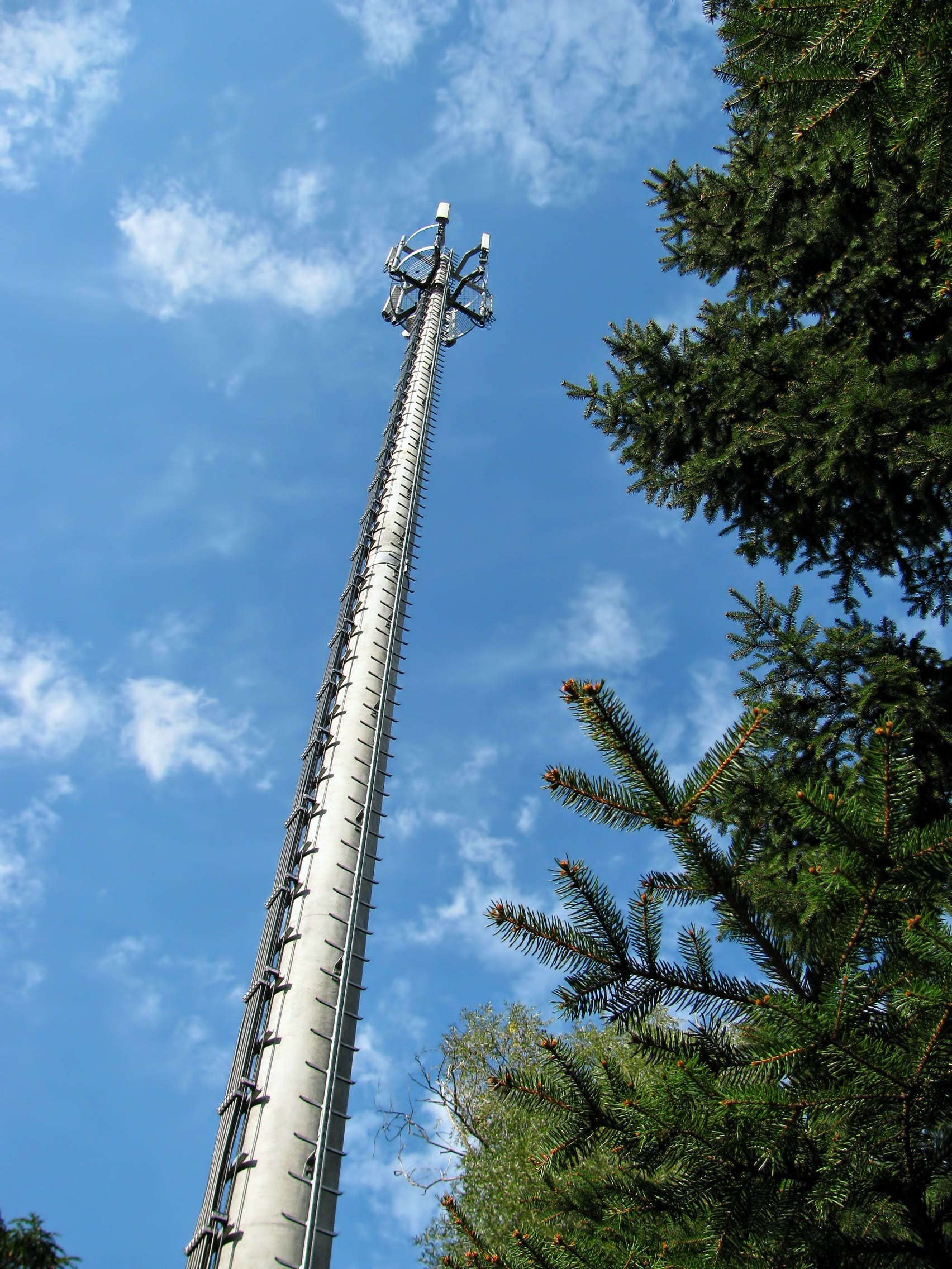 cloud - sky, air vehicle, sunlight, tree, no people, relay station, nature, 1080P, green color, tower, communications, branches, metal, blue sky, blue, Phone HD Wallpaper