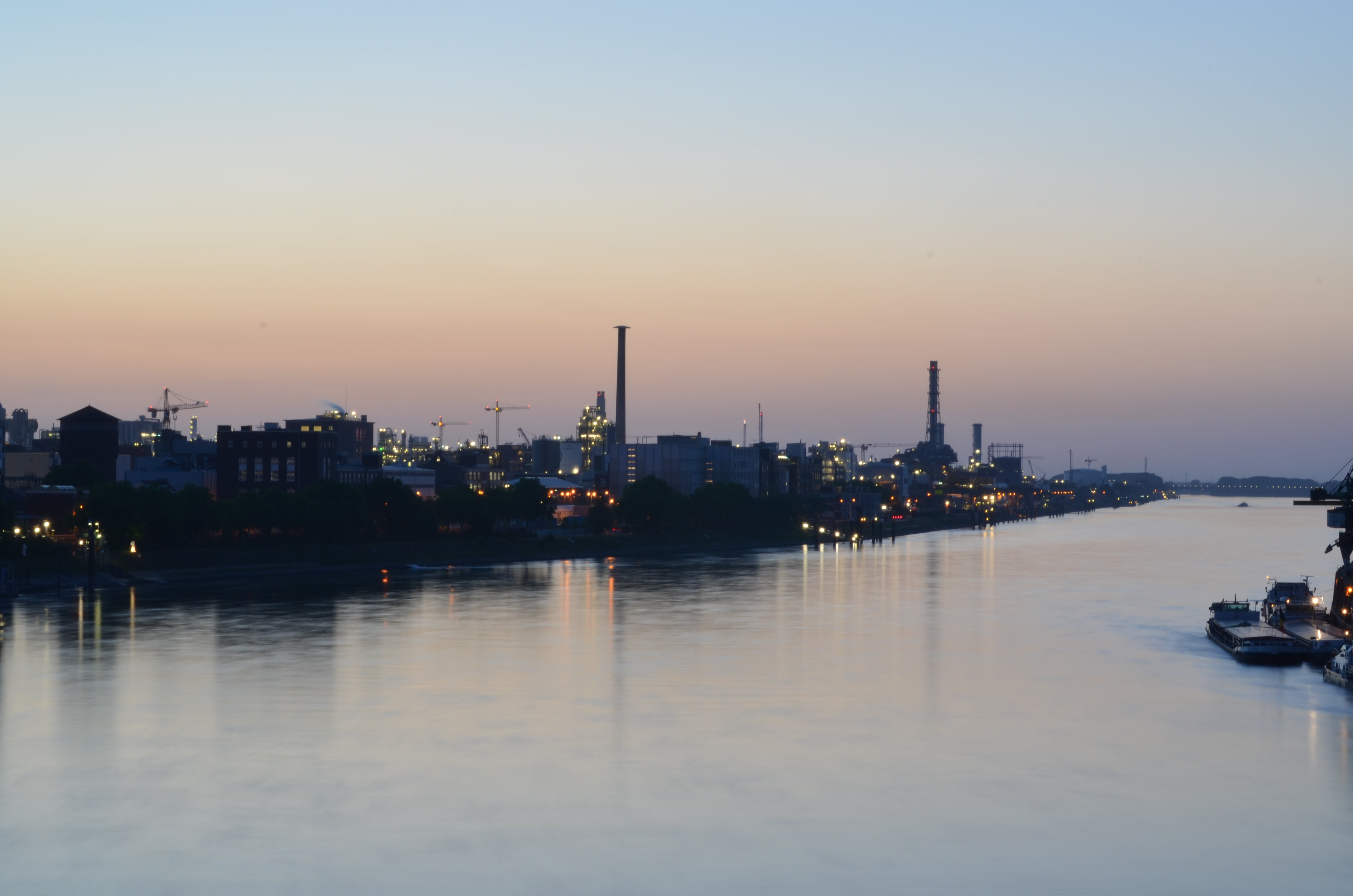 evening, nautical vessel, no people, orange color, building, building exterior, illuminated, bridge, river, 4K, water, basf, outdoors, ludwigshafen, transportation, HD Wallpaper