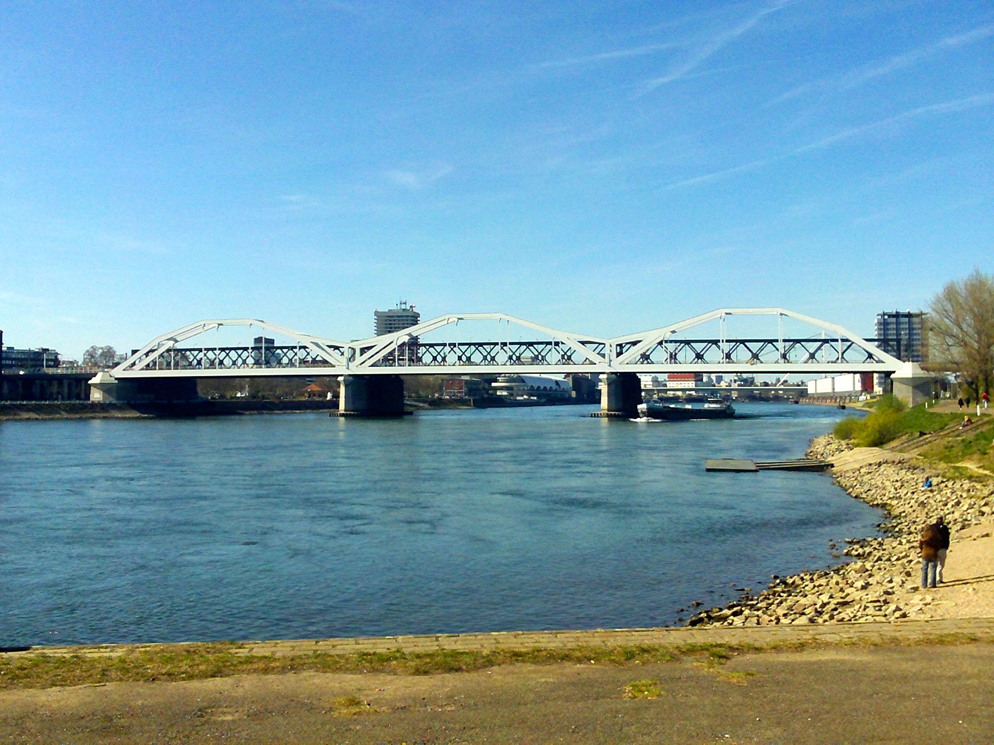 day, outdoors, river landscape, sky, bridge - man made structure, rhine, blue, architecture, connection, built structure, bridge, long, water, transportation, HD Wallpaper
