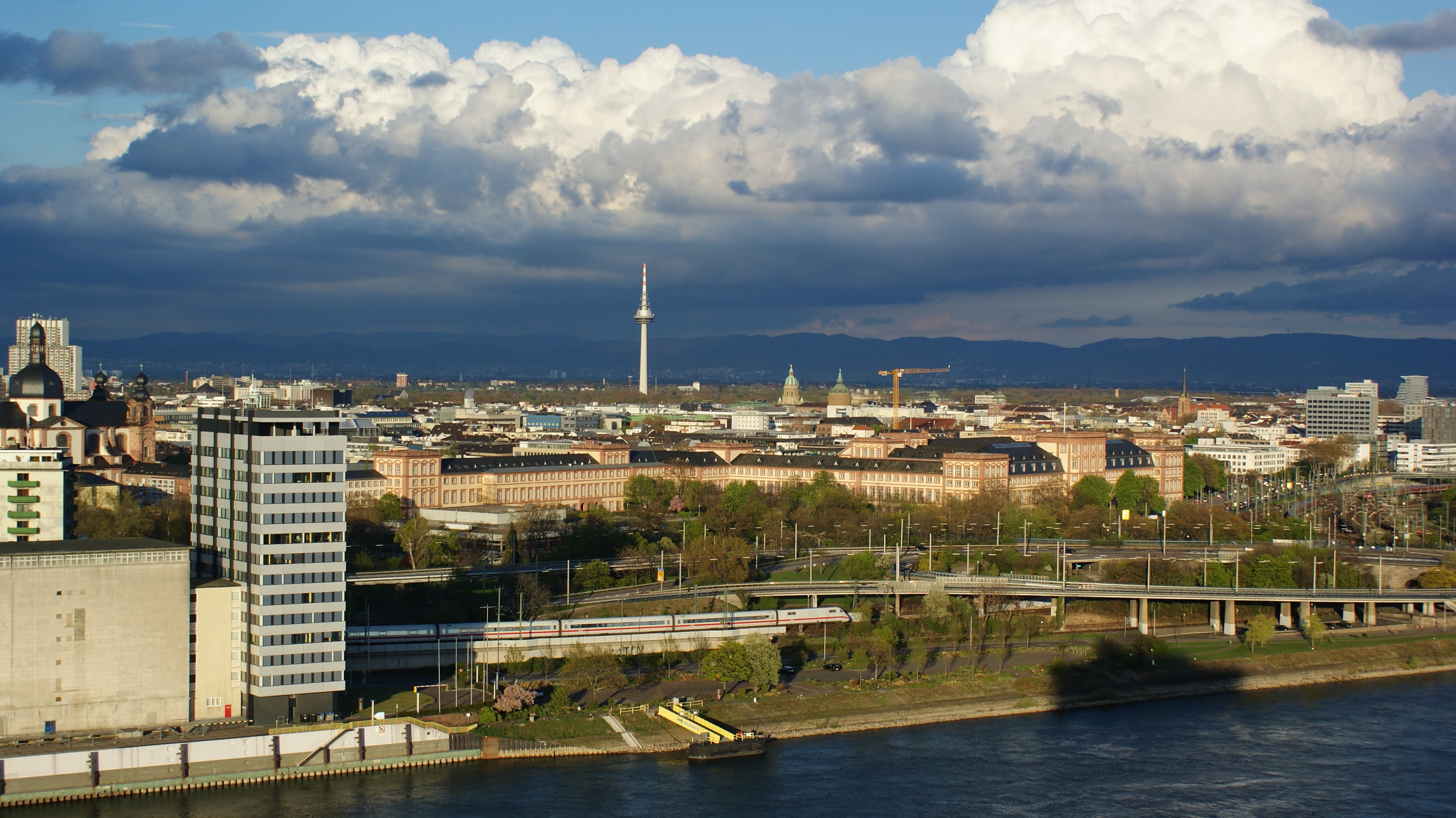 river, tower, water, outdoors, cityscape, clouds, neckar, mood, travel, building, mannheim, sky, rhine, panorama, city, residential district, transportation, HD Wallpaper