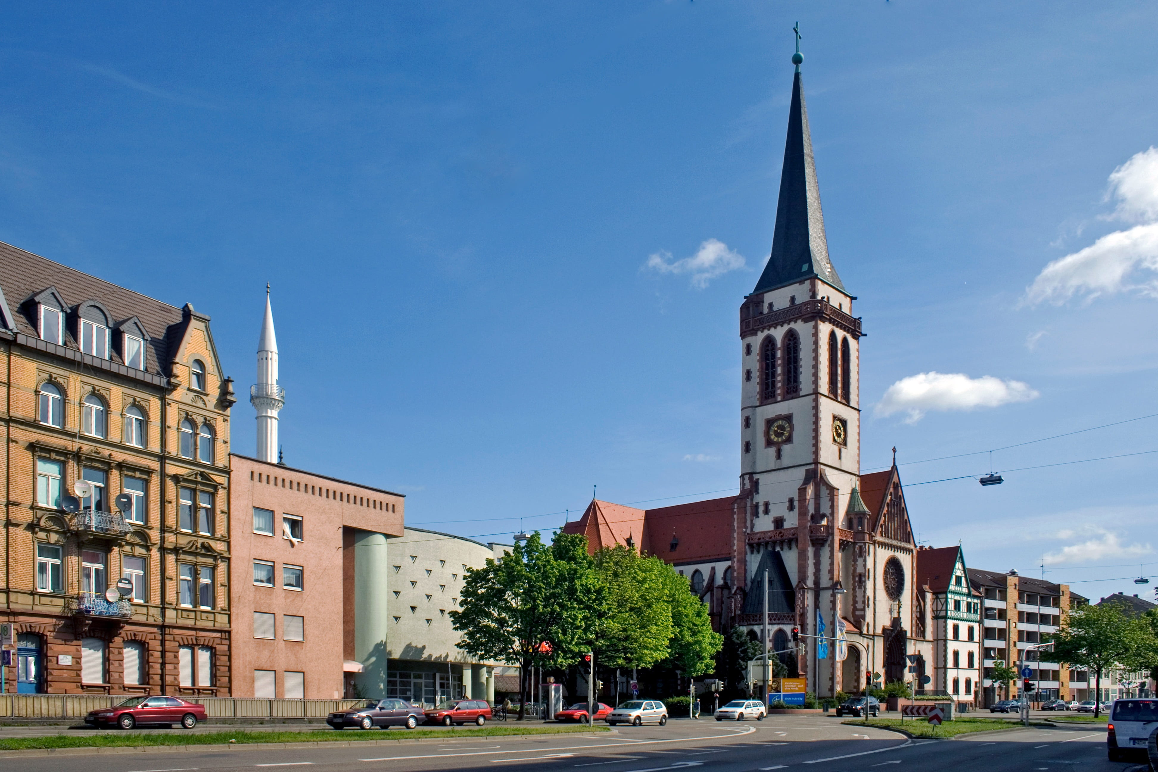 religion, spire, car, road, nature, cityscape, church, built structure, day, Mosque, 4K, architecture, building exterior, Mannheim, travel, Church, office building exterior, HD Wallpaper