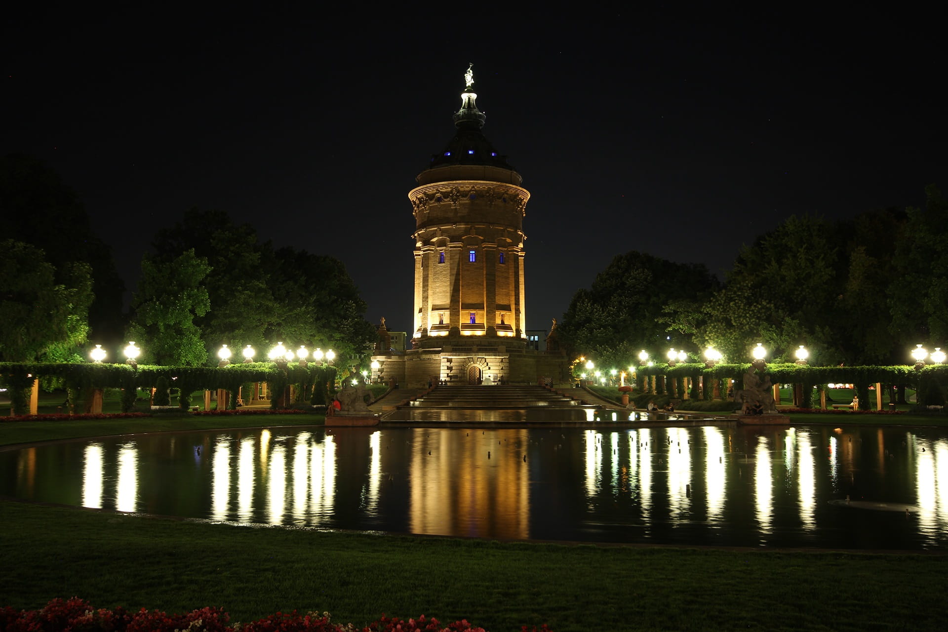 water, Water Tower, government, places of interest, illuminated, 1080P, place of worship, tree, travel destinations, reflection, religion, sky, downtown, HD Wallpaper