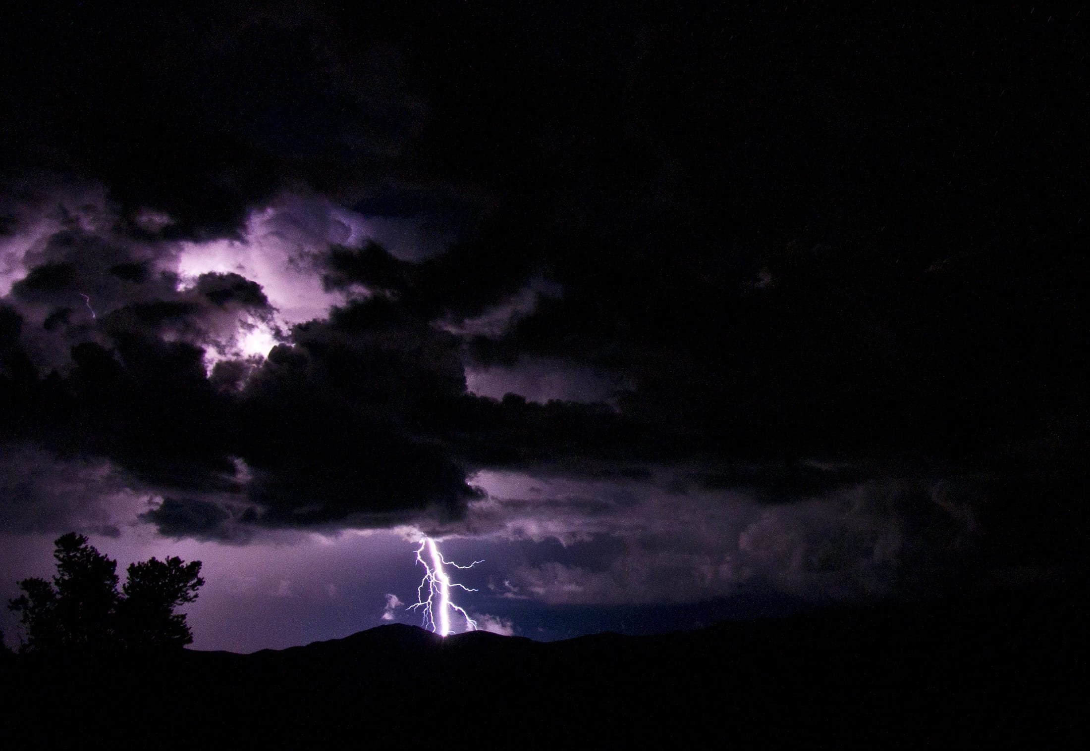 ominous, storm cloud, purple, power, dramatic sky, dark, trees, power in nature, silhouette, night, electricity, strike, clouds, striking, rain, 1080P, HD Wallpaper