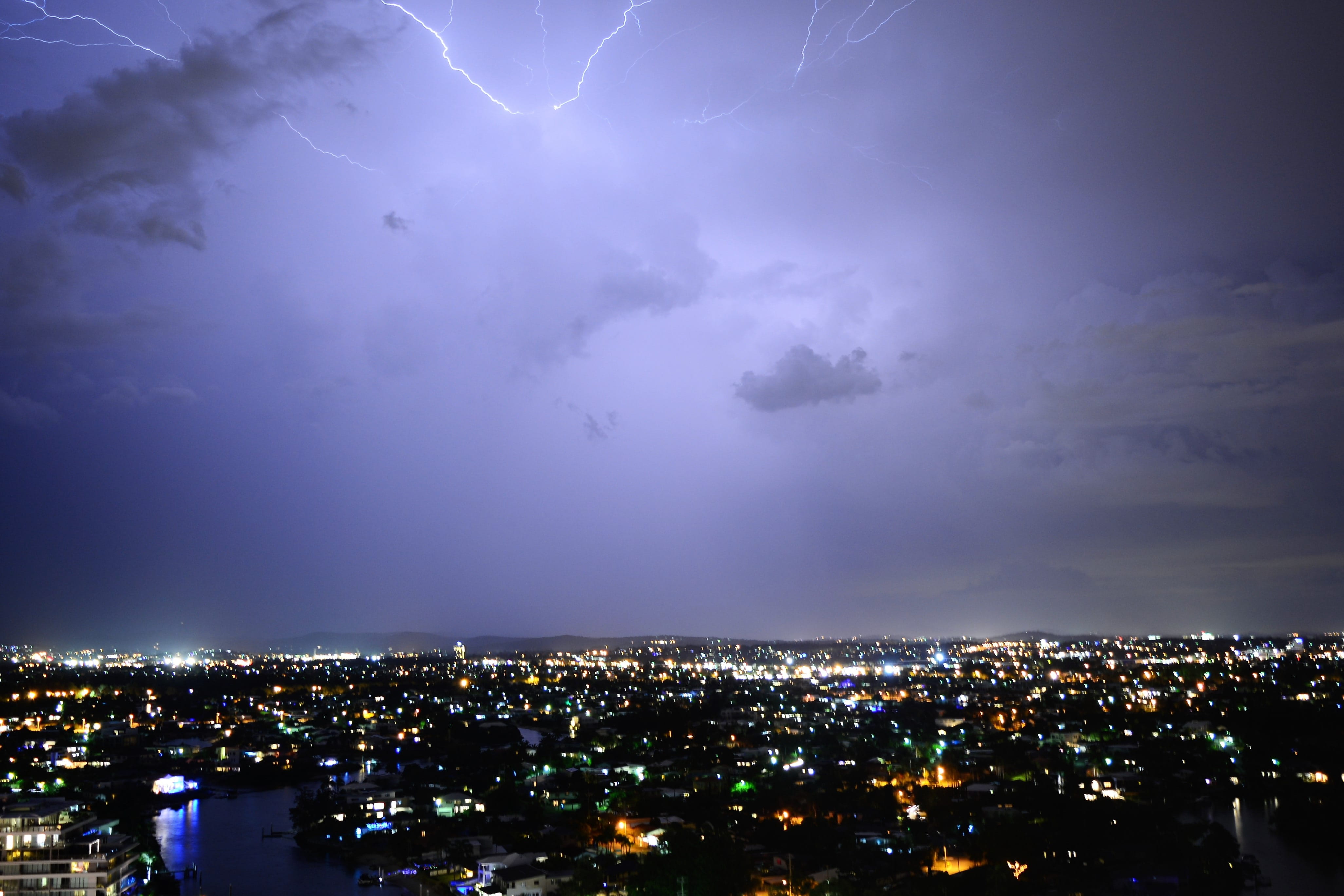 night, 4K, thunderbolt, no people, illuminated, danger, cloud - sky, city, high angle view, skyscraper, architecture, Flash, power in nature, energy, cityscape, HD Wallpaper