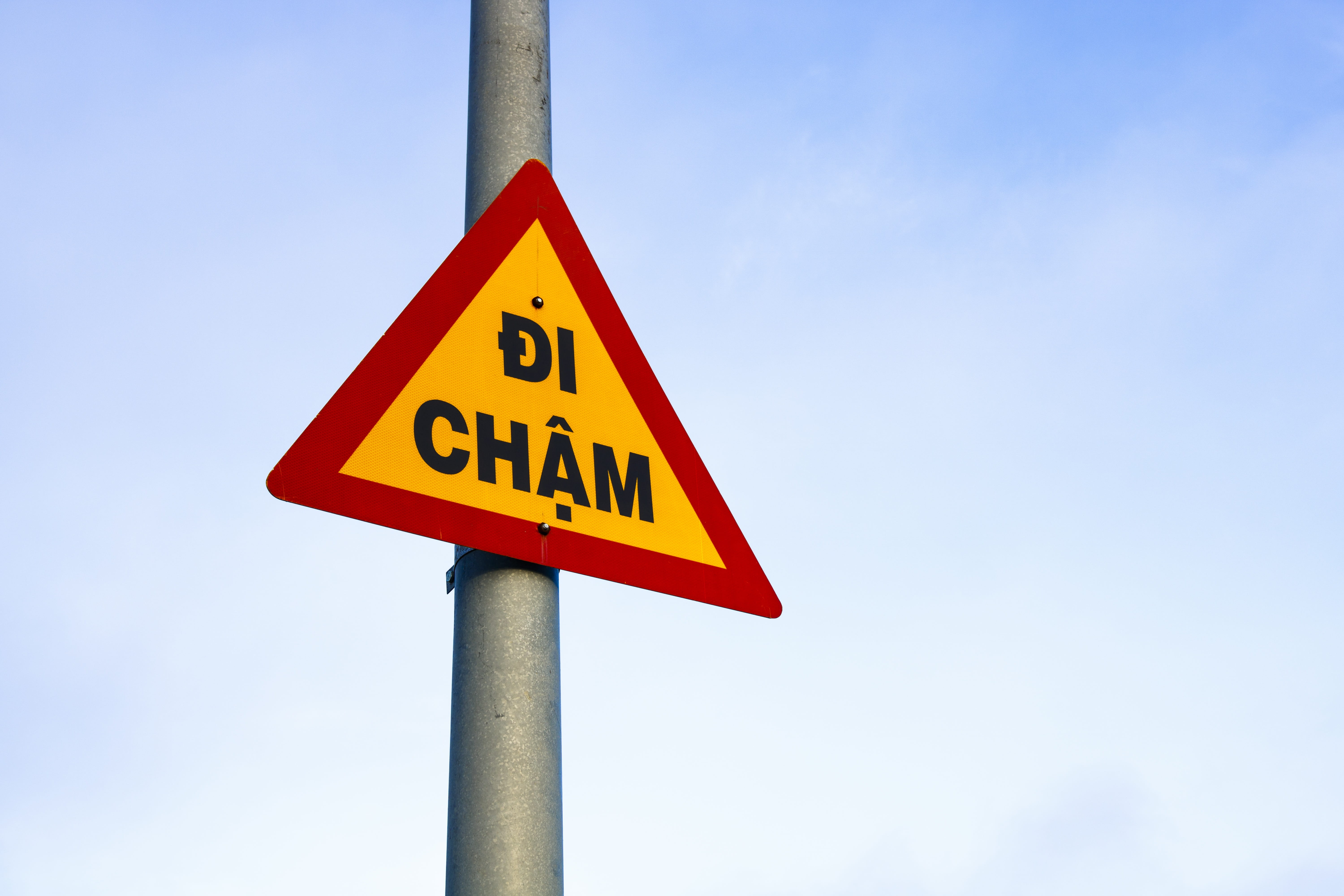red, isolated, guidance, traffic signal, pole, warning sign, 5K, low angle view, outdoors, copy space, communication, road, road sign, road warning sign, HD Wallpaper