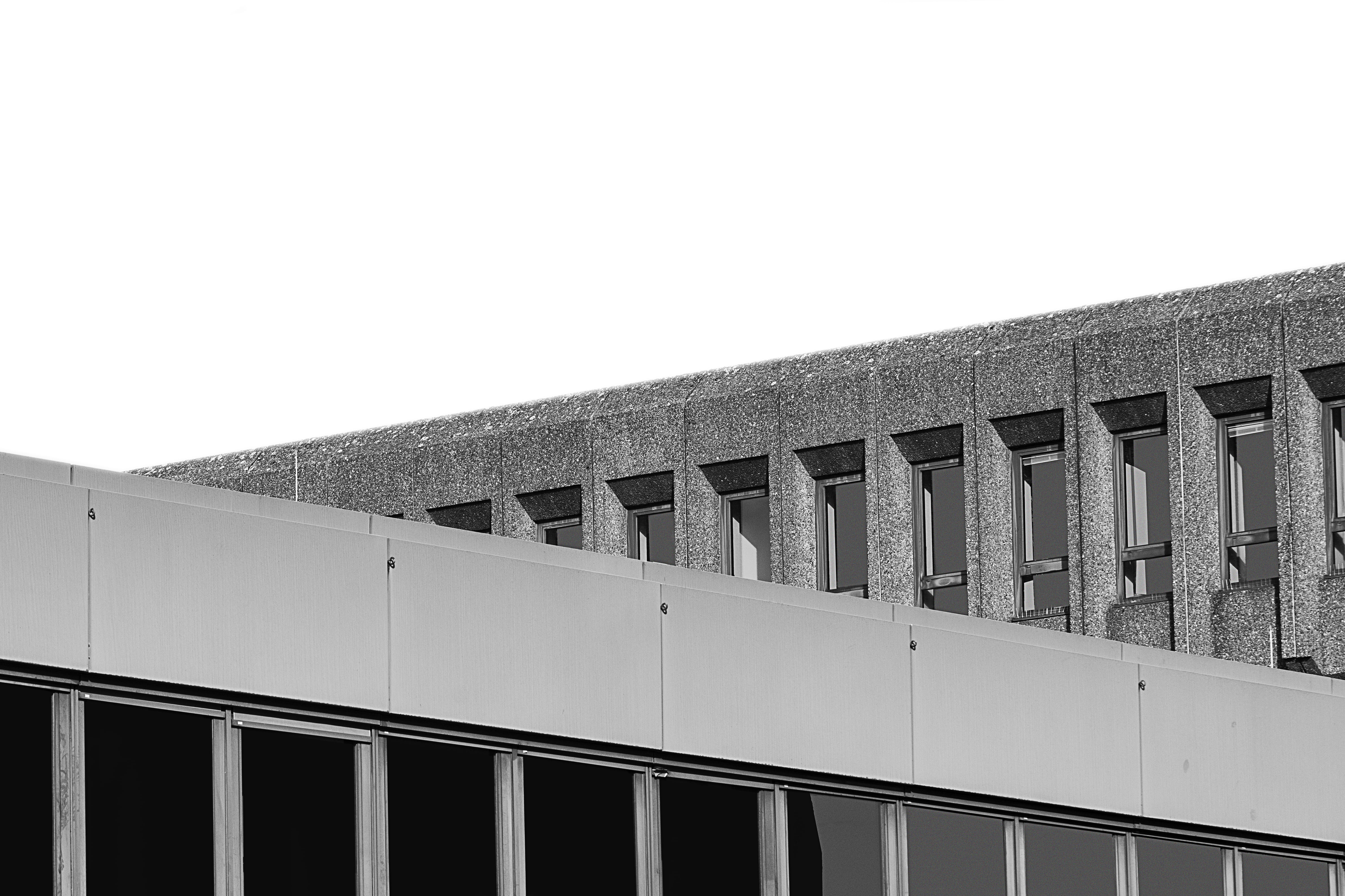 industrial, modern, pattern, grey, city, black and white, low angle view, railing, grayscale, 5K, nature, day, white, minimal, sky, architecture, urban, HD Wallpaper