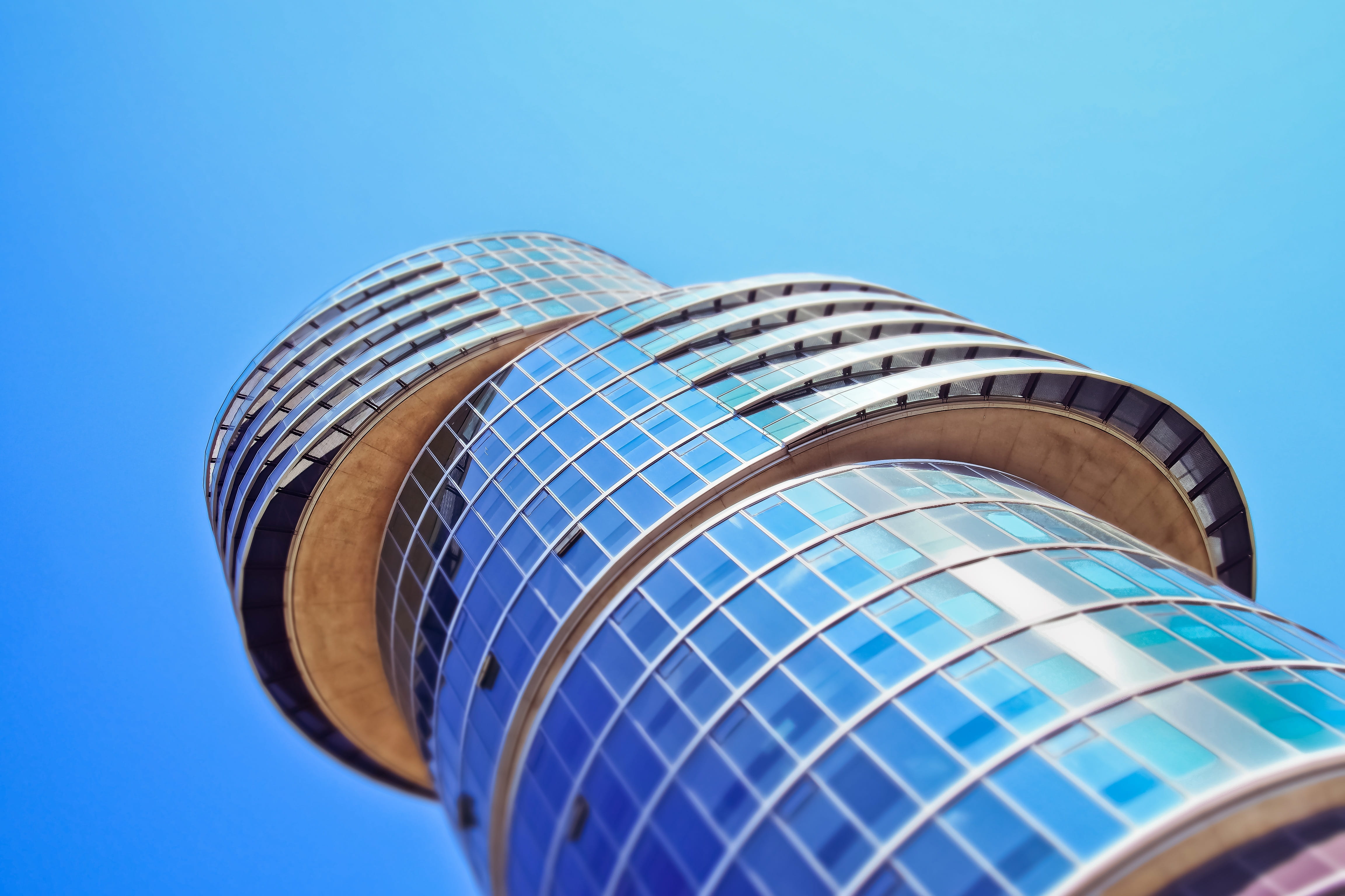 clear sky, skyscraper, low angle view, creativity, modern, facade, nature, bochum, urban, studio shot, office building exterior, outdoors, glass front, HD Wallpaper