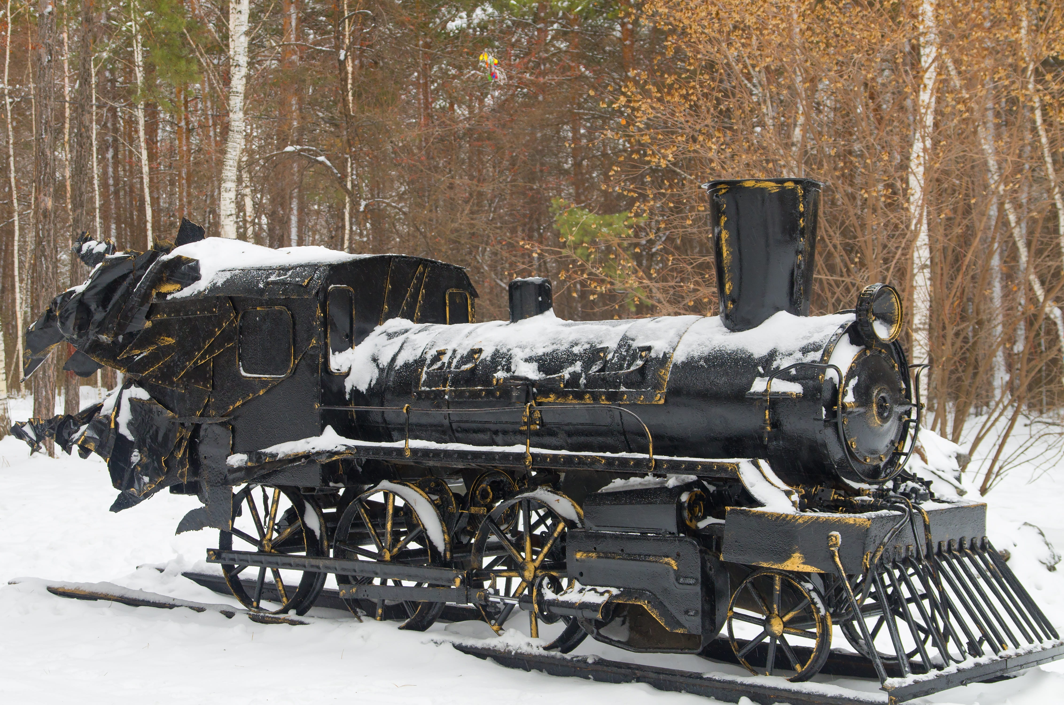 park, transportation, metal, land vehicle, snowing, cold temperature, nature, frozen, trees, forest, monument, iron, covering, field, black, 4K, tree, HD Wallpaper