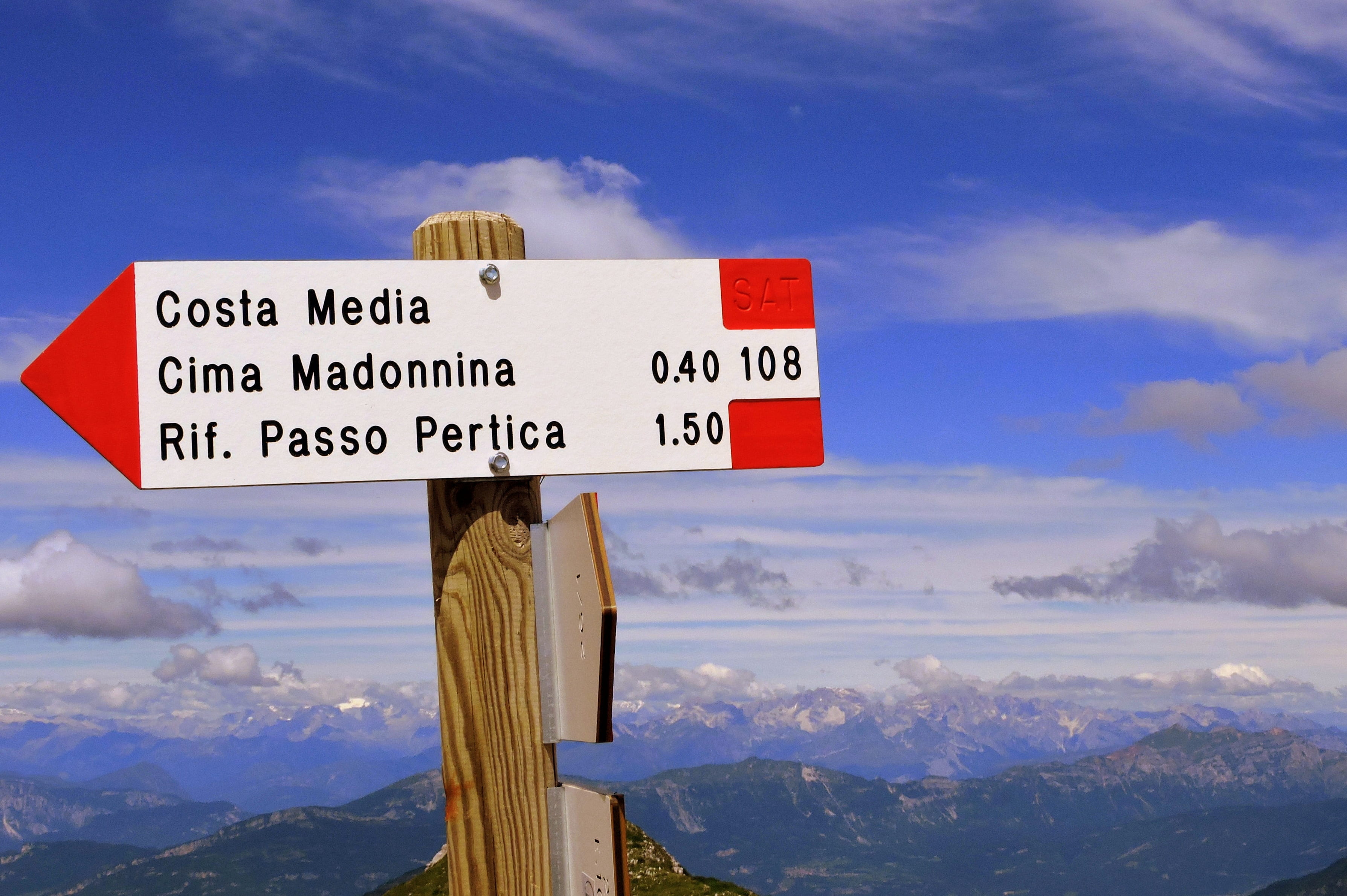 mountain peak, no people, day, signal, crossroads, road sign, clouds, sky, mountains, sign, mountain, guidance, landscape, blue, symbol, communication, HD Wallpaper