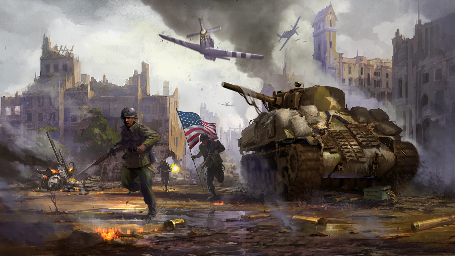 built structure, flag, running, building, motion, smoke - physical structure, government, the city, uniform, water, destruction, real people, HD Wallpaper