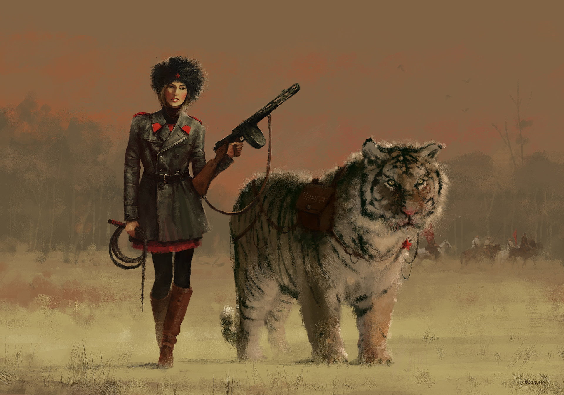 beside, one person, looking, tiger, woman, weapons, rifle, one animal, young adult, clothing, pets, domestic, art, mammal, holding, form, girl, 1080P, HD Wallpaper