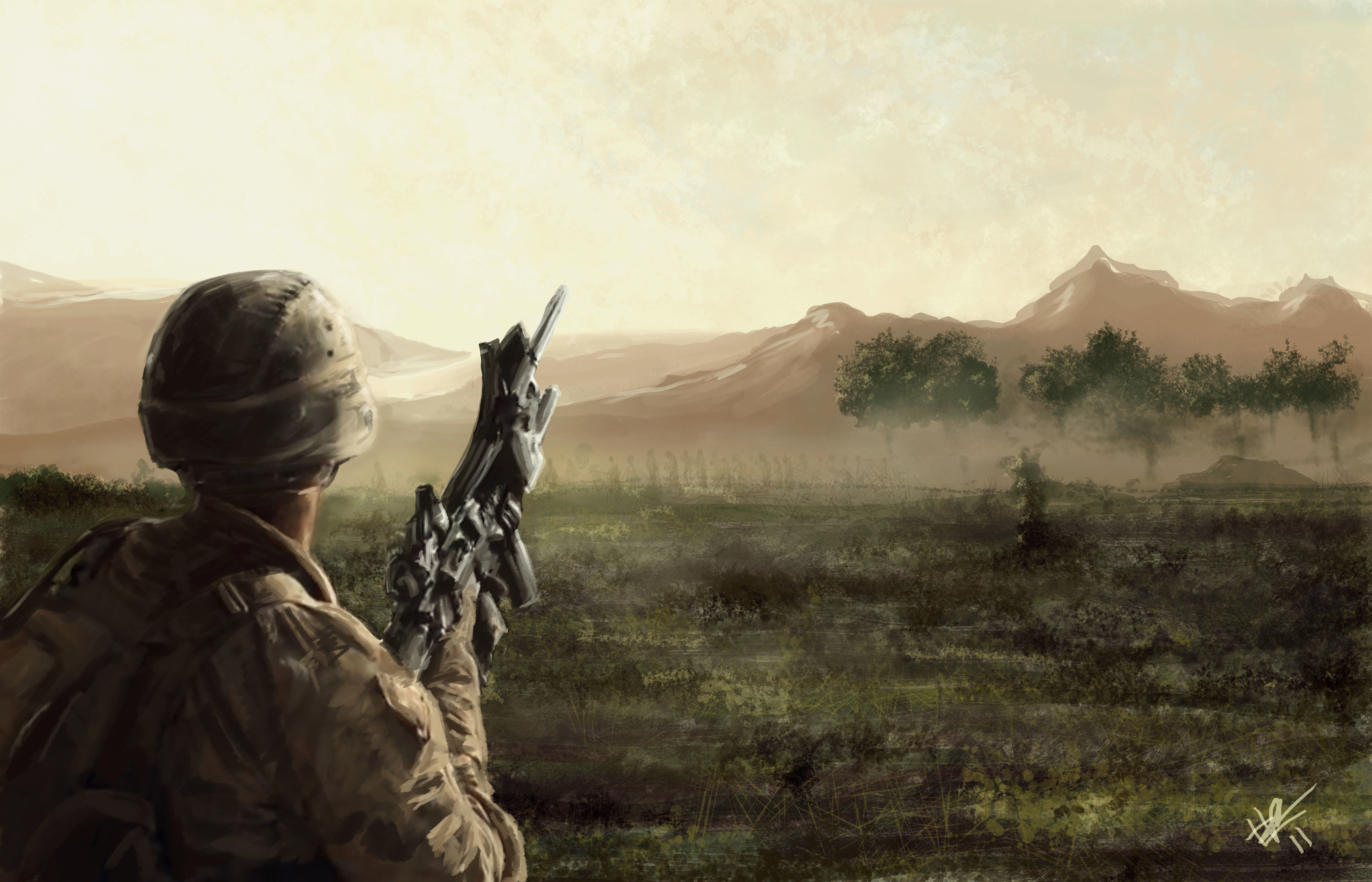 tranquil scene, holding, rifle, men, nature, sky, painting, mountain, weapons, mountains, landscape, machine, environment, rear view, plant, smoke - physical structure, HD Wallpaper