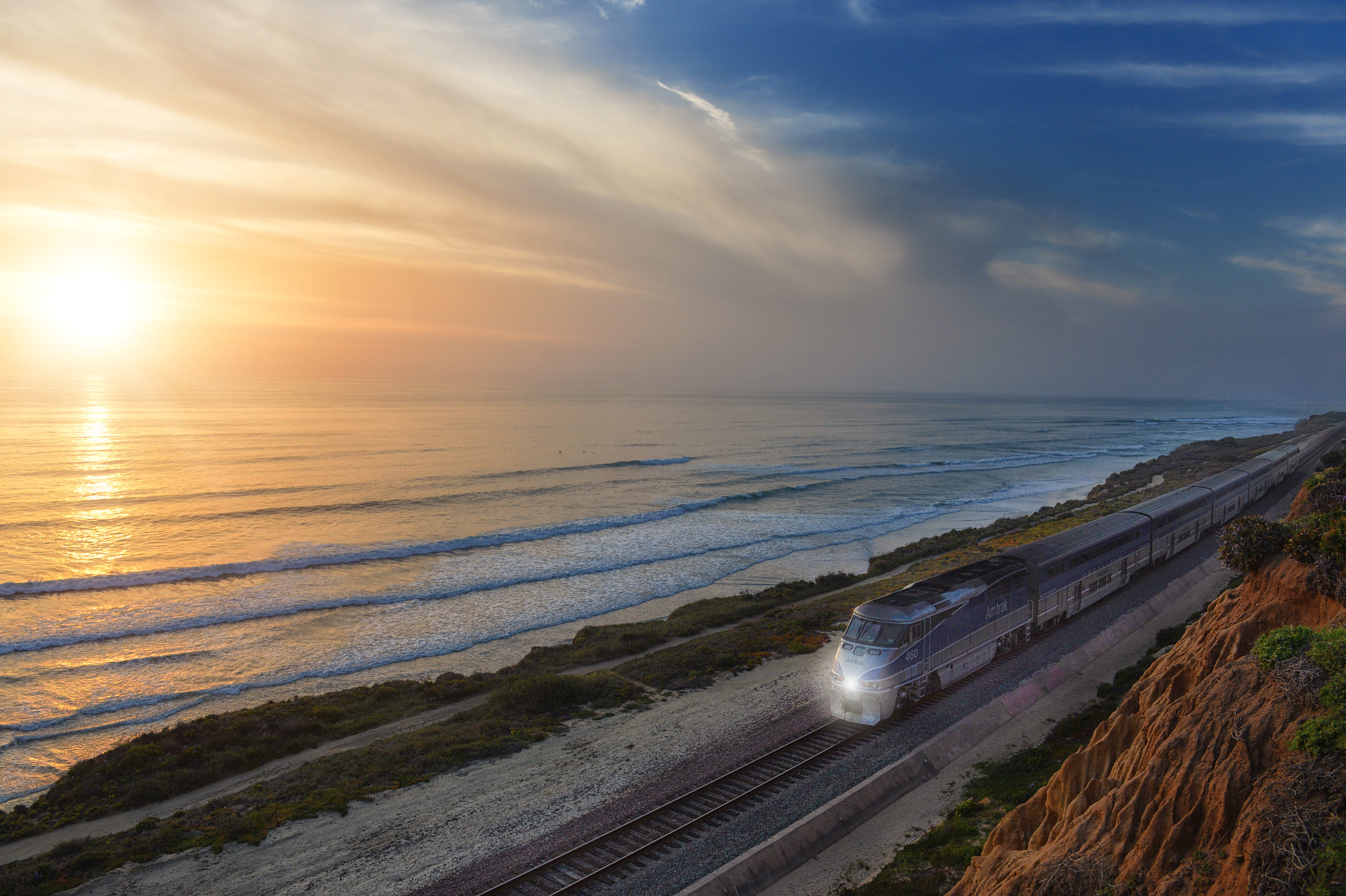 surf, land, del mar, motion, beach, land vehicle, san diego, beauty in nature, water, mode of transportation, no people, cloud - sky, train, sea, 4K, nature, HD Wallpaper