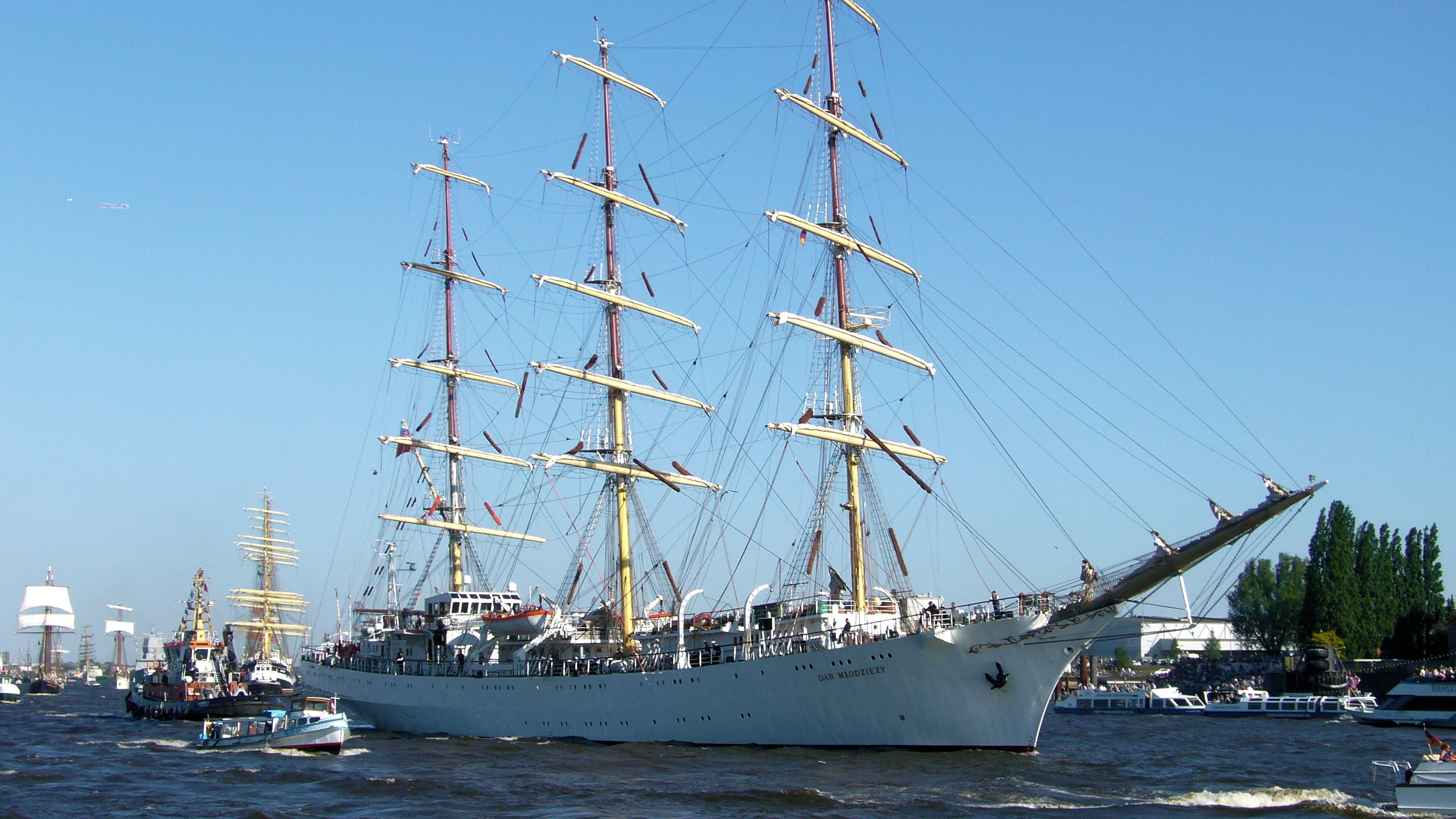 sail, sailing Ship, travel, architecture, hamburg, 2K, clear sky, harbor, sea, port birthday 2011, pole, sailing vessel, sailboat, ship, transportation, HD Wallpaper
