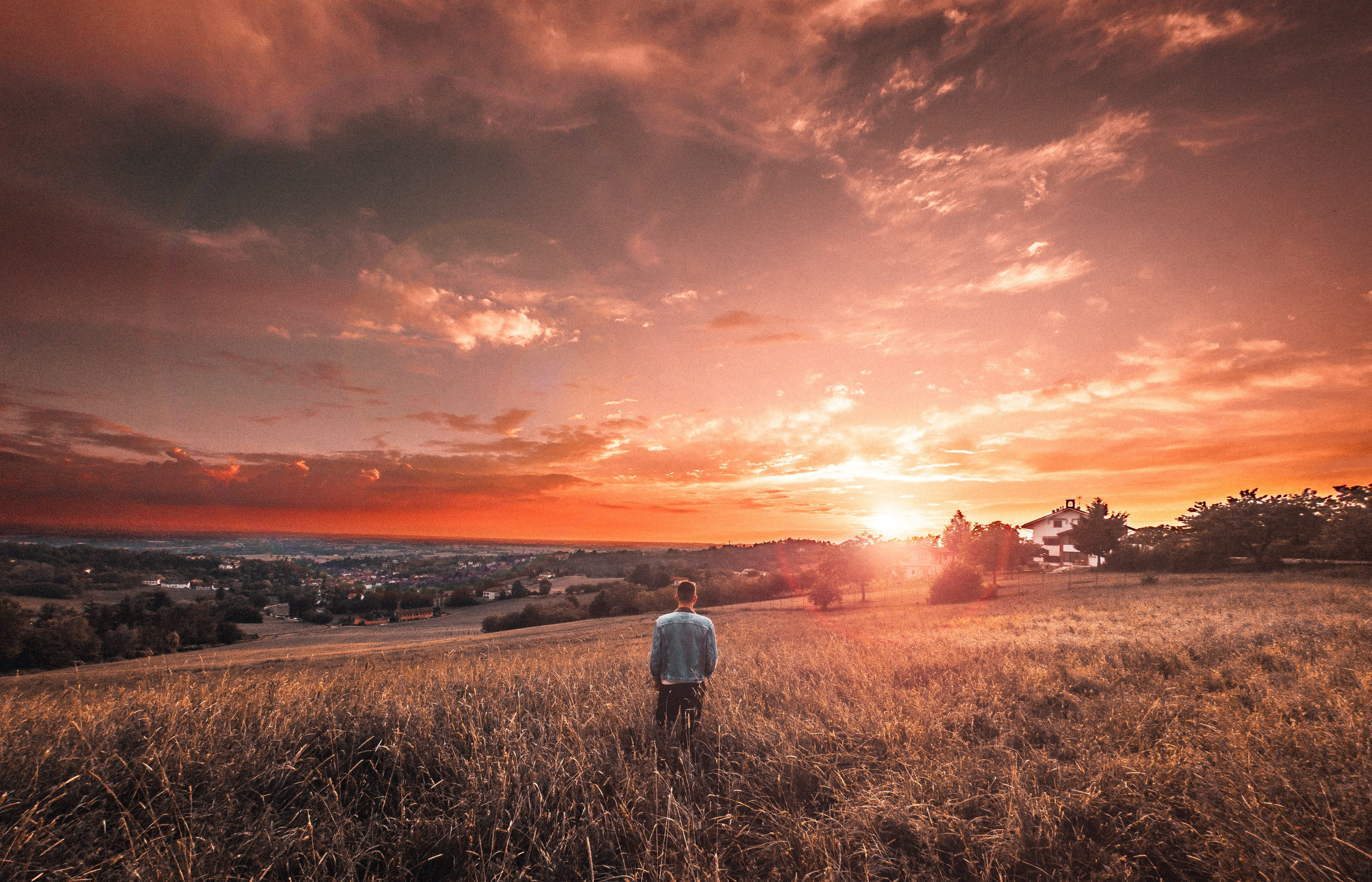 rural scene, sunlight, horizon, hour, sunset, standing, evening, outdoors, outdoor, sunny, grass, cloud, scene, hills, forest, people, man, travel, lifestyles, HD Wallpaper