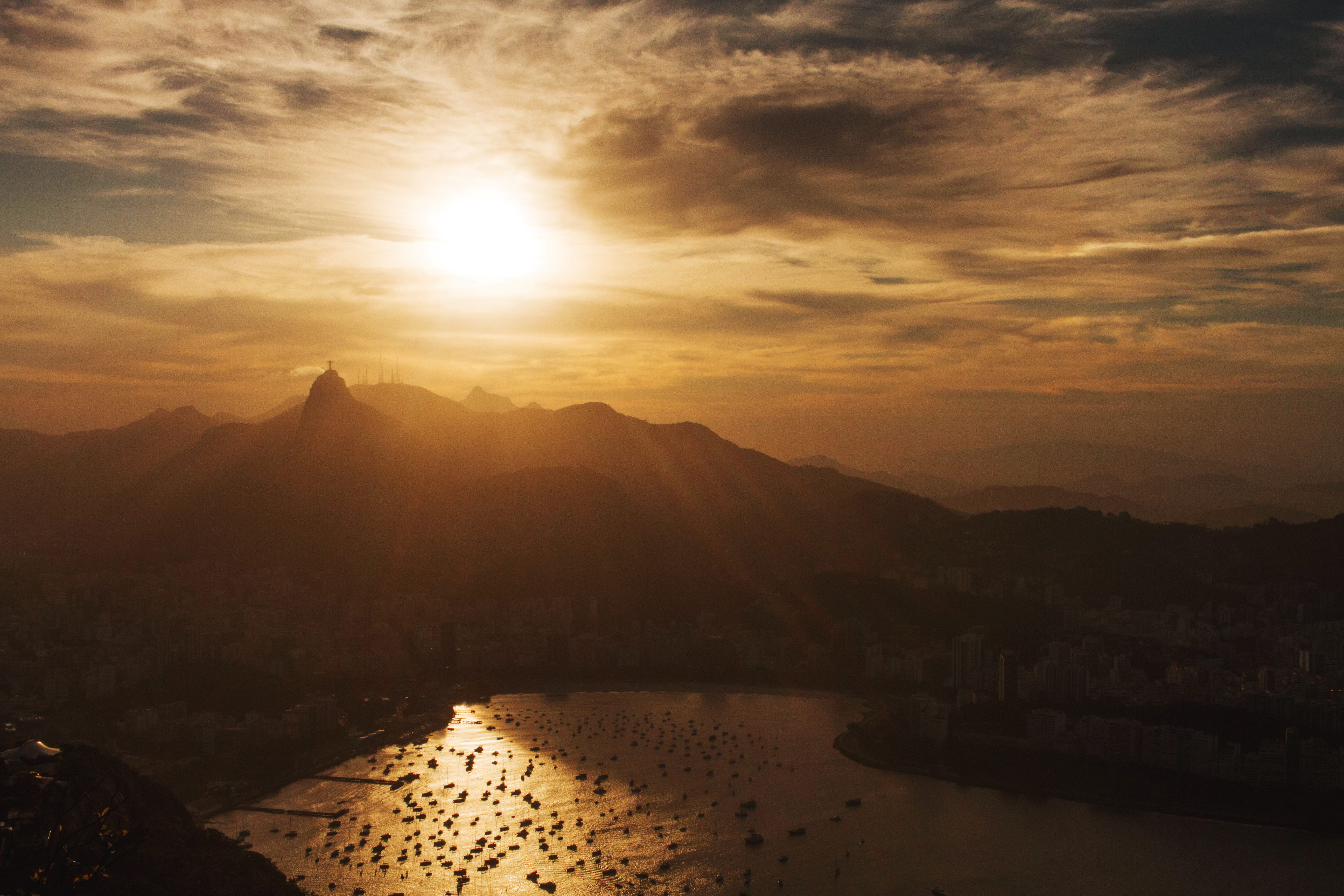 beauty in nature, sun, nature, tranquility, cloud - sky, 7d, dawn, 5K, water, lightroom, orange color, dusk, outdoors, cristo redentor, corcovado, HD Wallpaper