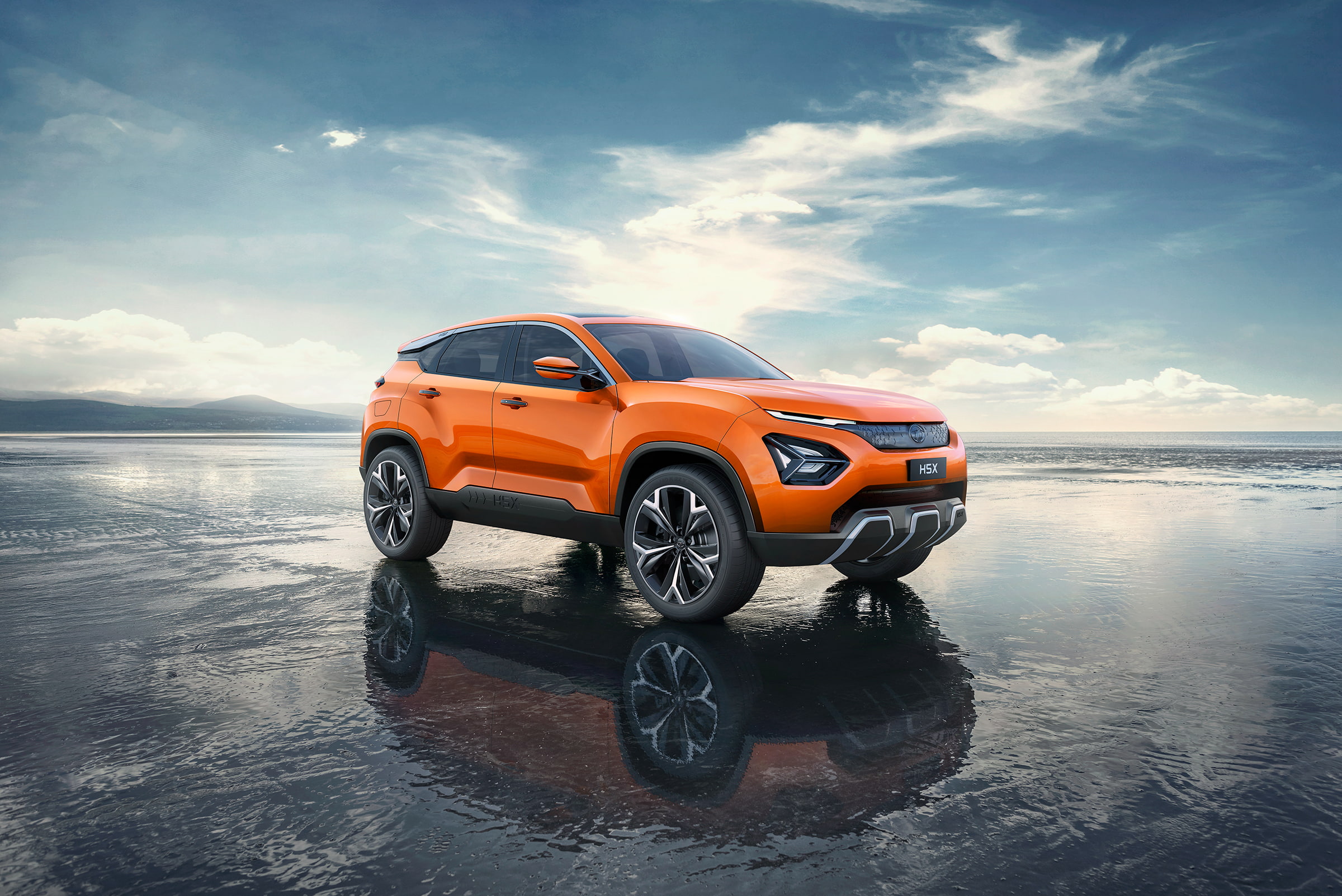 nature, transportation, scenics - nature, cloud - sky, orange color, 2018, sky, sunlight, reflection, Tata H5X, no people, day, land vehicle, water, Concept cars, HD Wallpaper