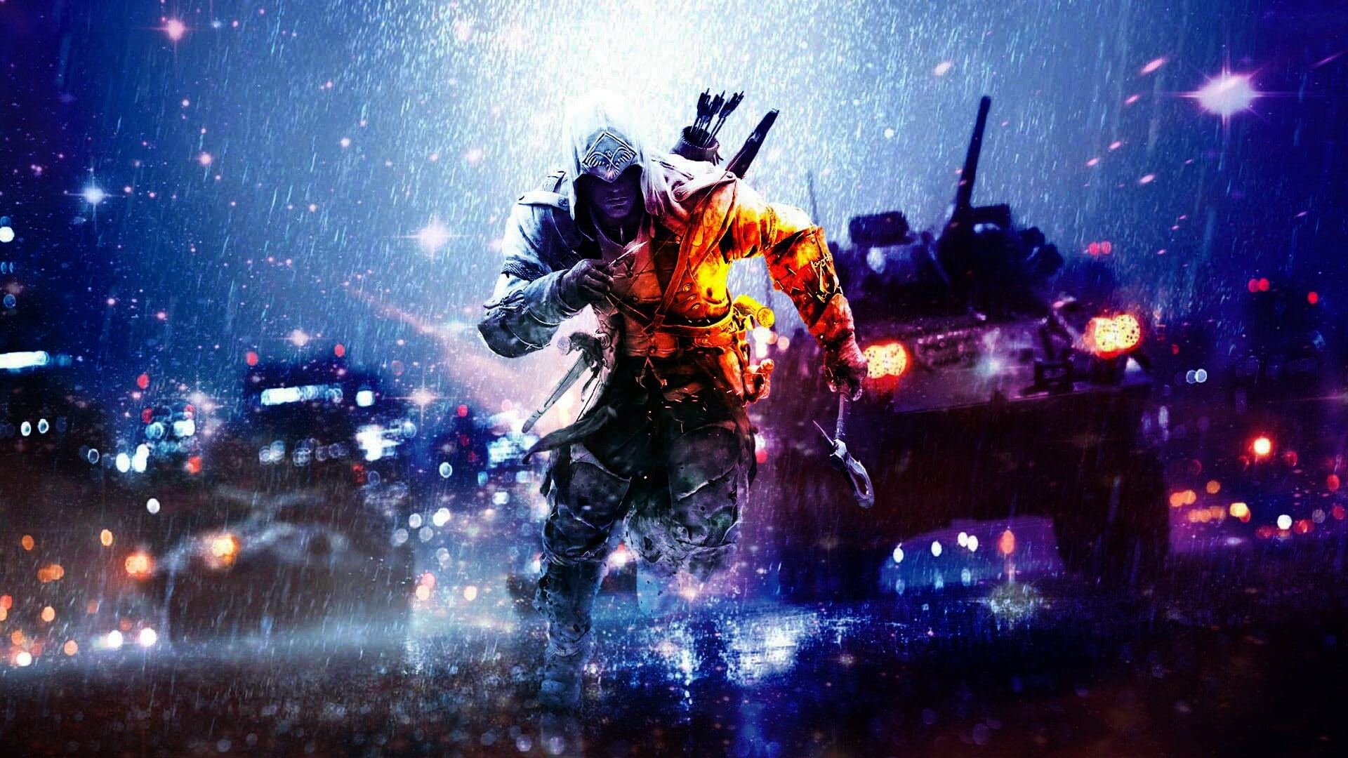 aggression, 1080P, edited, uniform, adult, night, violence, people, holding, city, illuminated, rain, clothing, architecture, helmet, headwear, tank, communication, HD Wallpaper