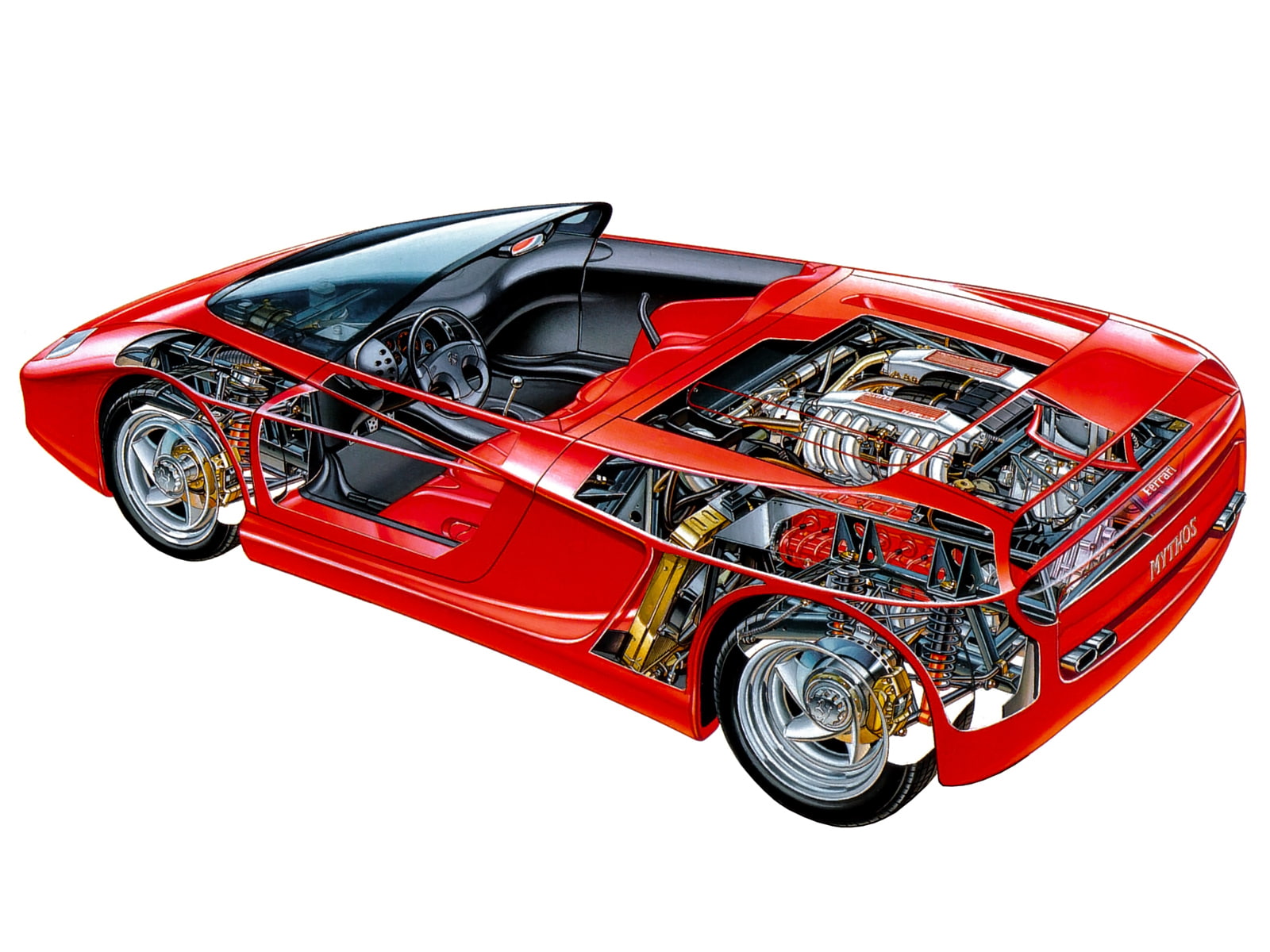 supercar, cutaway, 1989, interior, ferrari, engine, mythos, 720P, HD Wallpaper