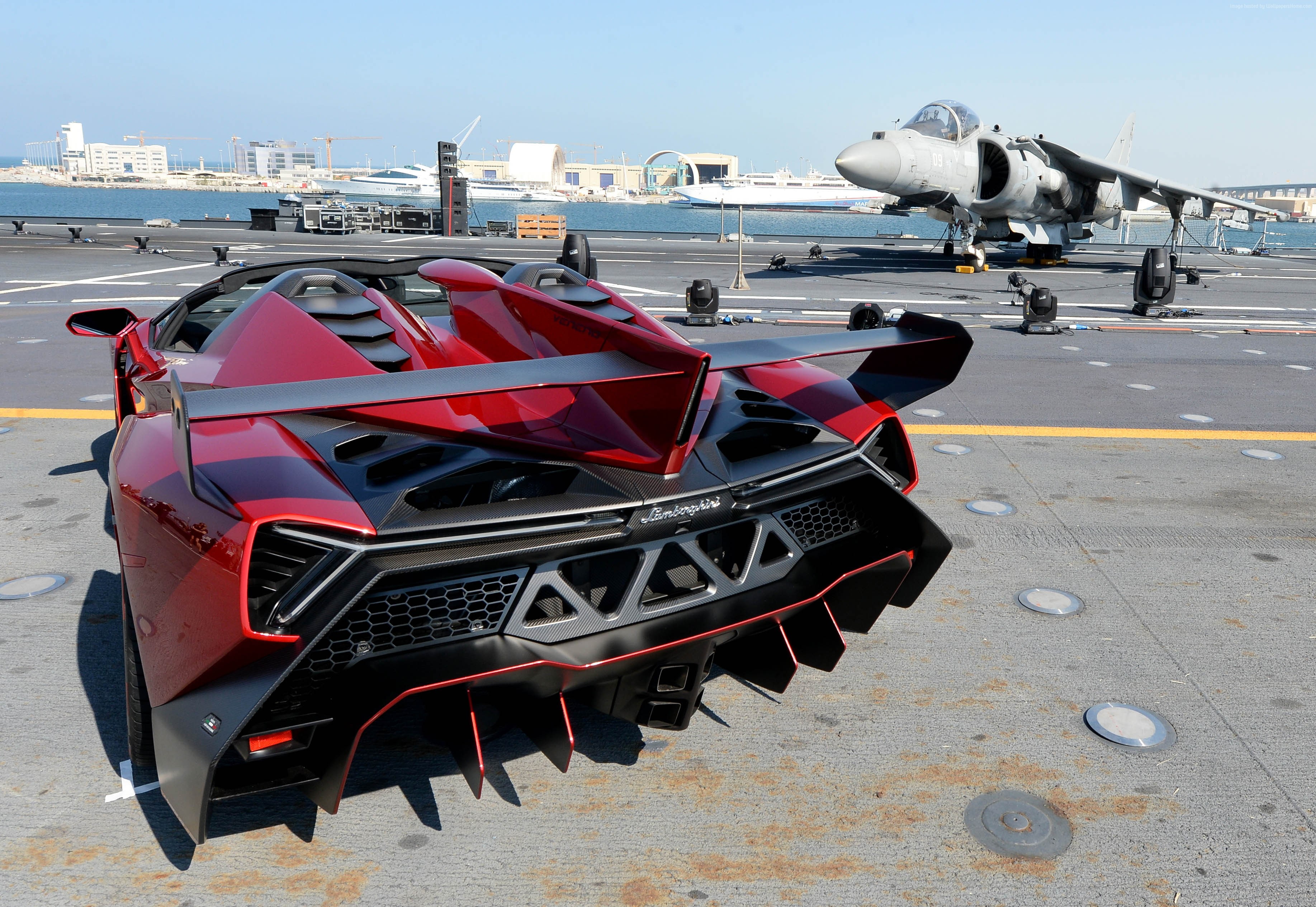 aircraft, Lamborghini, sports car, runway, Lamborghini Veneno, supercar, back, 2K, limited edition, HD Wallpaper