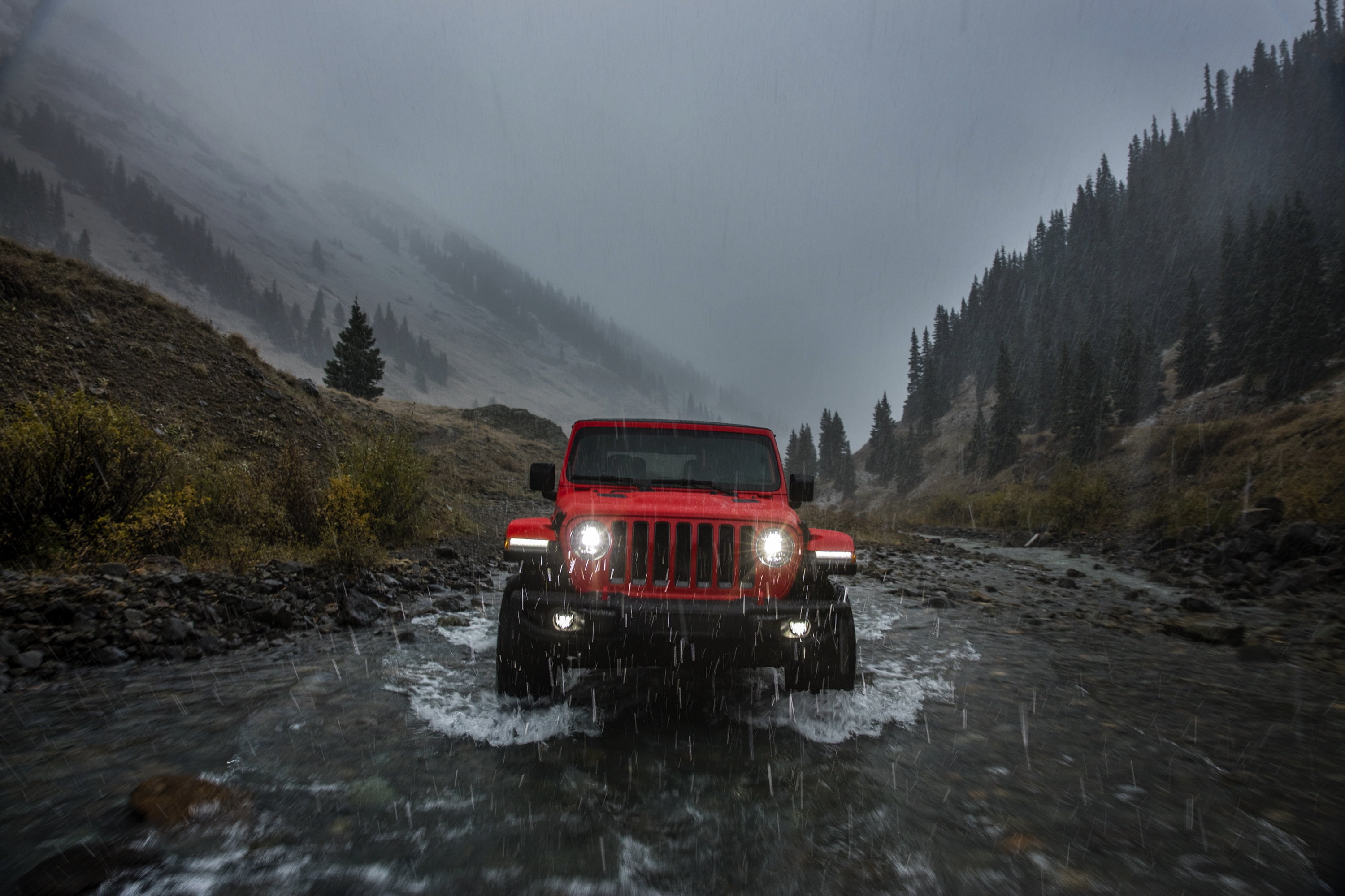 light, 2018, rain, front view, red, Jeep, Wrangler Rubicon, 2K, HD Wallpaper