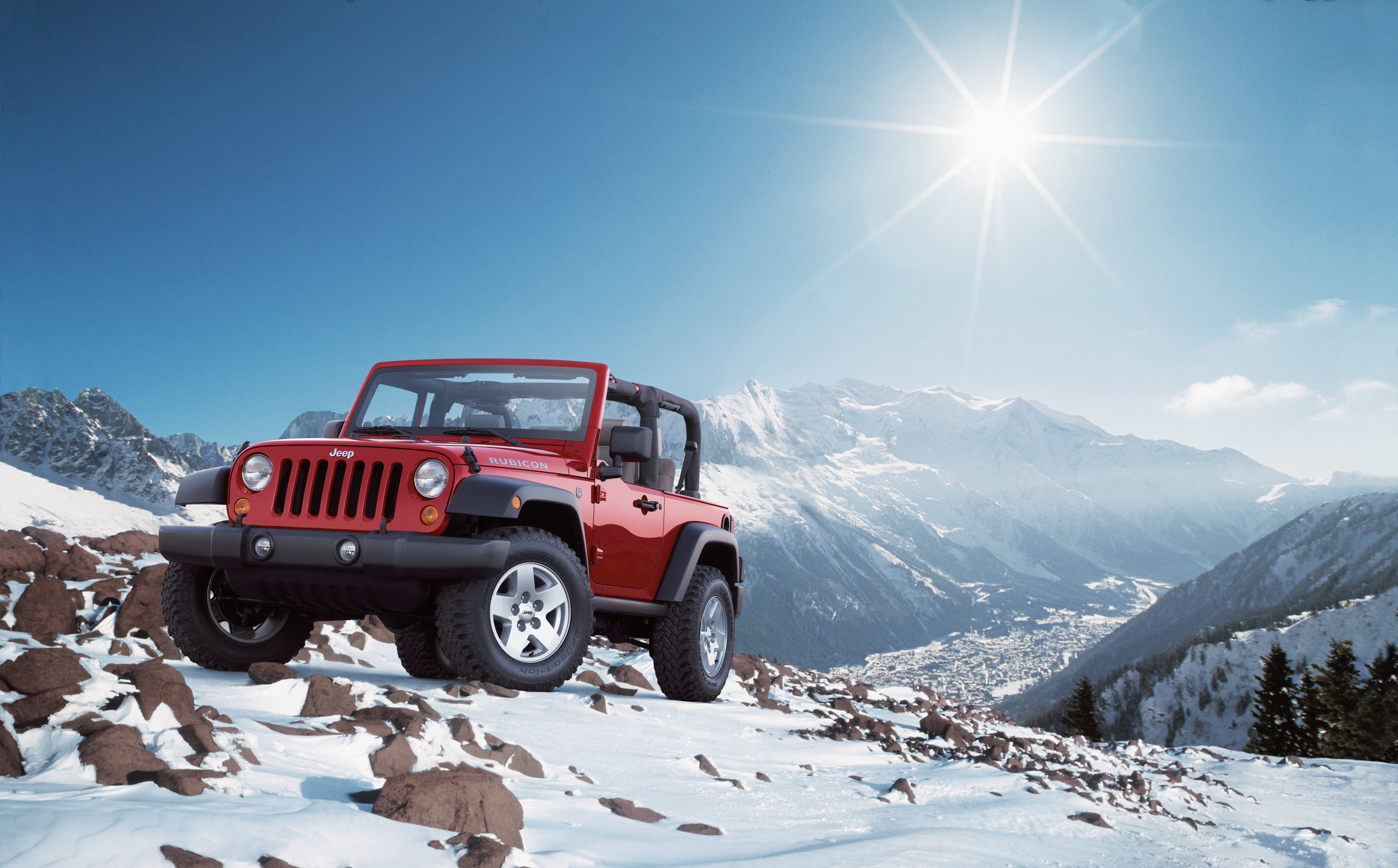 mountain, lens flare, scenics - nature, wrangler, winter, snowcapped mountain, landscape, 2K, Jeep, mode of transportation, sunlight, sky, beauty in nature, HD Wallpaper